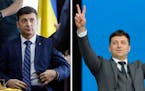 Volodymyr Zelenskiy, Ukraine's president-elect, in two settings: at left, on set of the TV show in which he plays the nation's president,and at right,