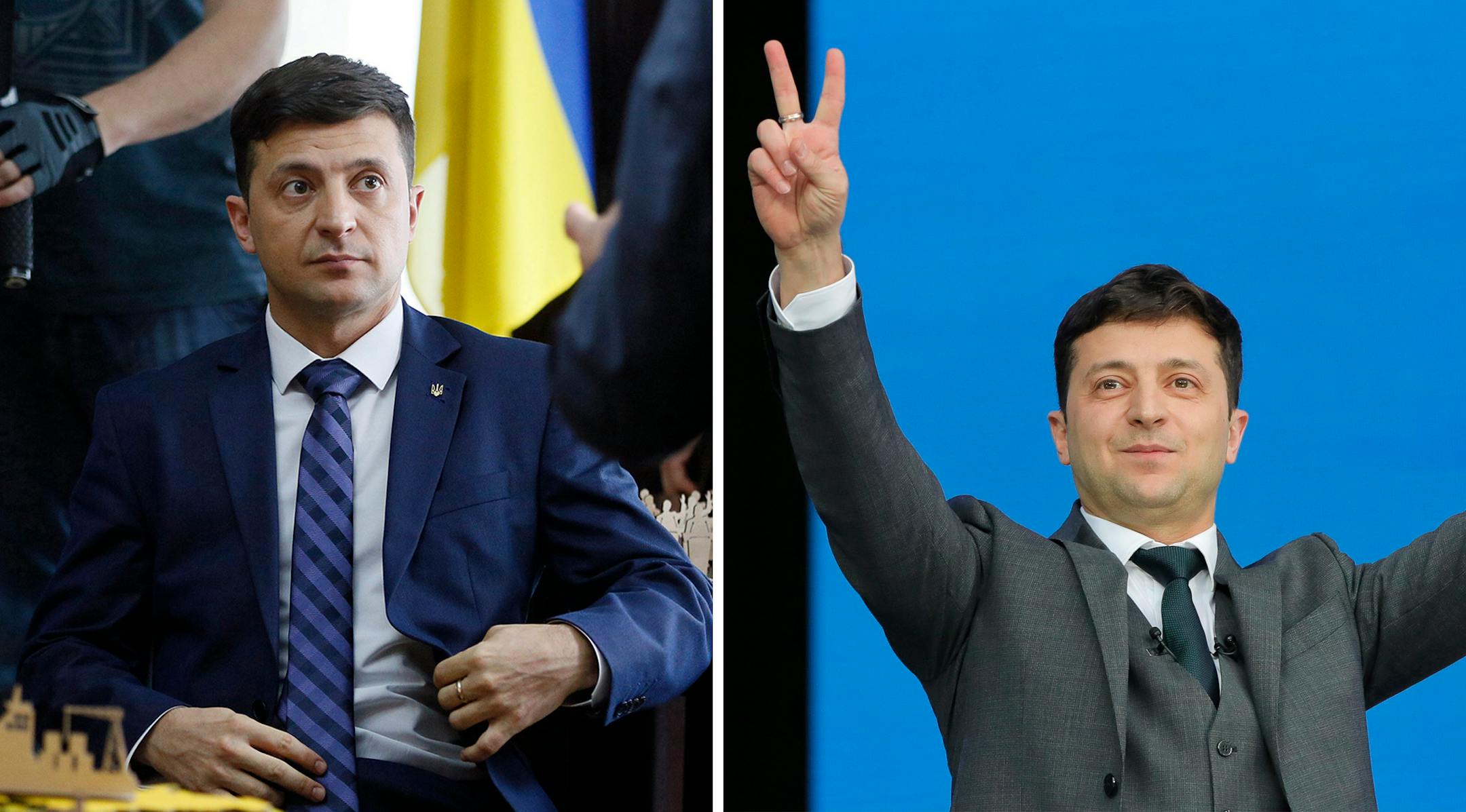 Volodymyr Zelenskiy, Ukraine's president-elect, in two settings: at left, on set of the TV show in which he plays the nation's president,and at right, during a debate before his real-life election win.