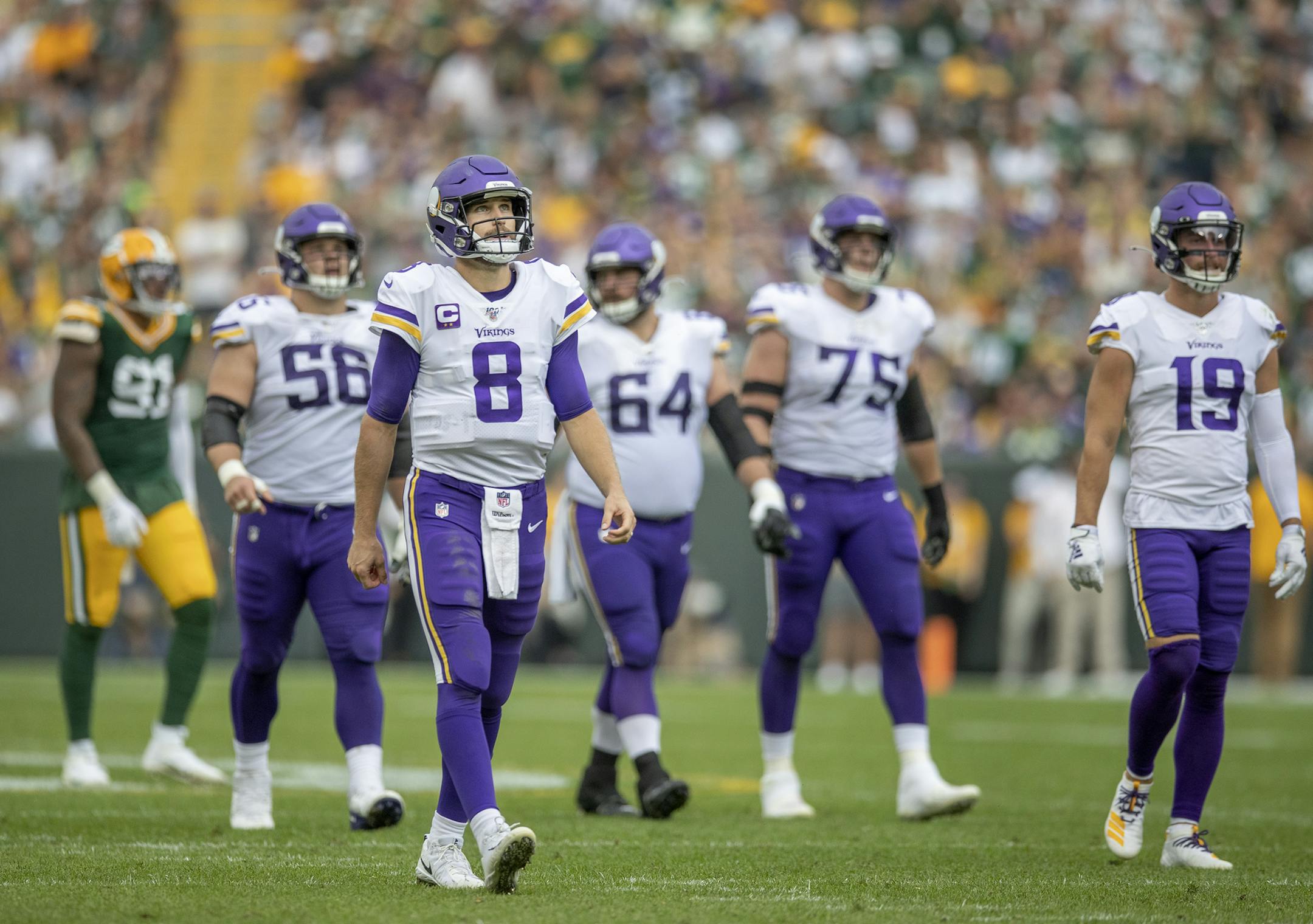 Vikings quarterback Kirk Cousins on the field. ] ELIZABETH FLORES &#x2022; liz.flores@startribune.com &#x2013; Green Bay, WI &#x2013; September 15, 2019, Lambeau Field, NFL, Minnesota Vikings vs. Green Bay Packers