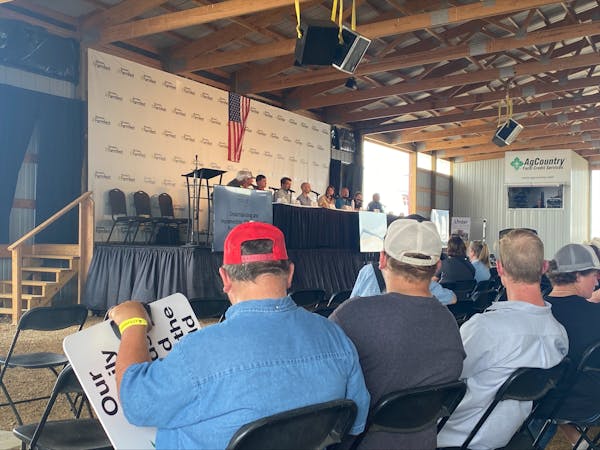 A panel discussion on sustainability at Farmfest outside Redwood Falls, Minn., on Tuesday, Aug. 1, 2023.