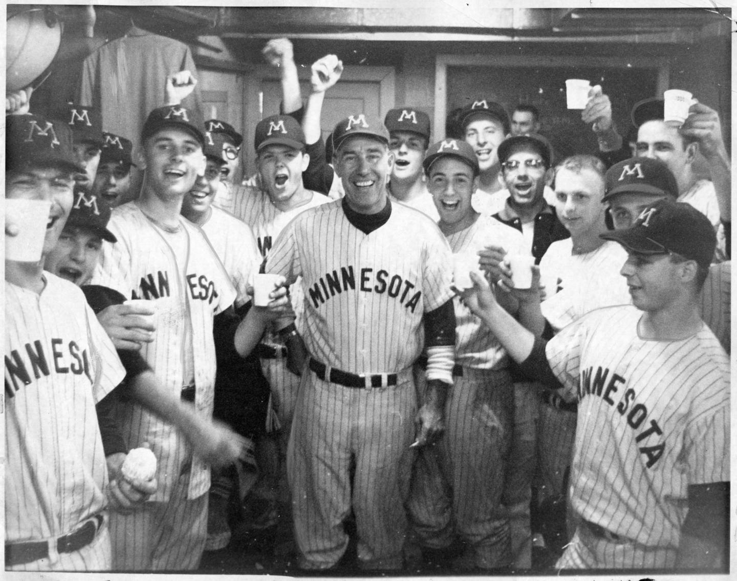 Minnesota Gophers baseball team with, coach Dick Siebert, after winning 1960 Big Ten Conference championship.