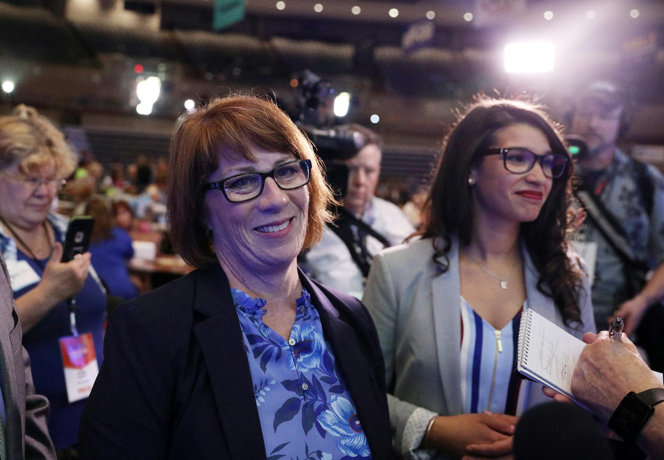 Gubernatorial candidate Erin Murphy, her newly announced running mate State Representative Erin Maye Quade, and chairperson Ken Martin spoke to journalists following the announcement during the DFL State Convention Sunday.] ANTHONY SOUFFLE ï anthony.souffle@startribune.com Democrats from around the state gathered for the third day of the DFL State Convention to choose their party's nominees Sunday, June 3, 2018 at the Mayo Civic Center in Rochester, Minn.