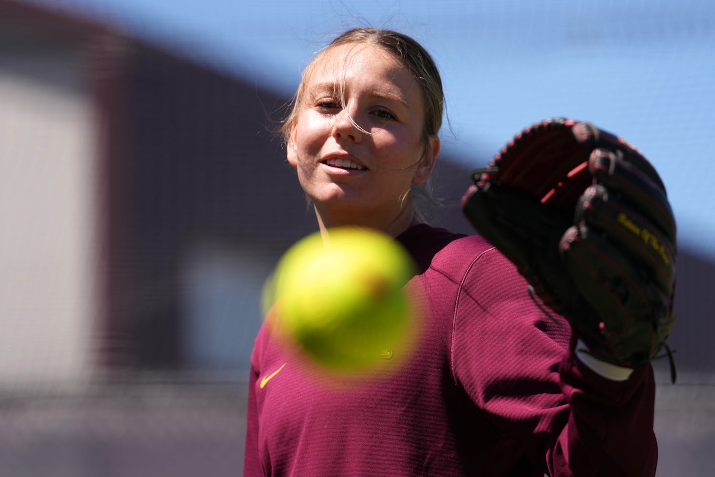 University of Minnesota softball pitcher Autumn Pease (25) warms up before practice Tuesday, May 3, 2023, at Jane Sage Cowles Stadium in Minneapolis. The California native is having a dominant season for the Gophers. ] ANTHONY SOUFFLE • anthony.souffle@startribune.com