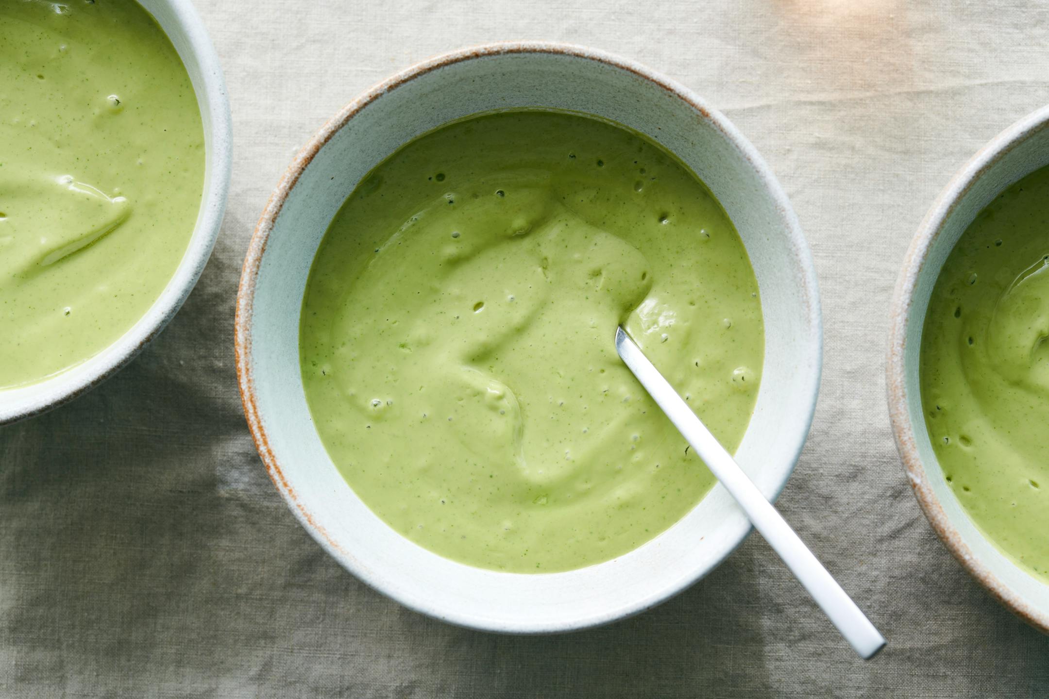 A chilled avocado soup. This chilled avocado soup flavored with tart yogurt can be spooned or sipped. Food Stylist: Simon Andrews (David Malosh/The New York Times)