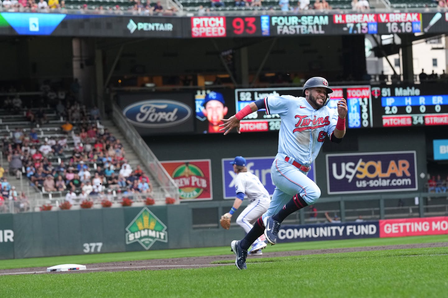 Minnesota Twins center fielder Gilberto Celestino (67) scores in the bottom of the 2nd inning after a throwing error Wednesday, Aug. 17, 2022, Minneapolis, Minn. Twins shut out Royals 4-0. ] GLEN STUBBE • glen.stubbe@startribune.com