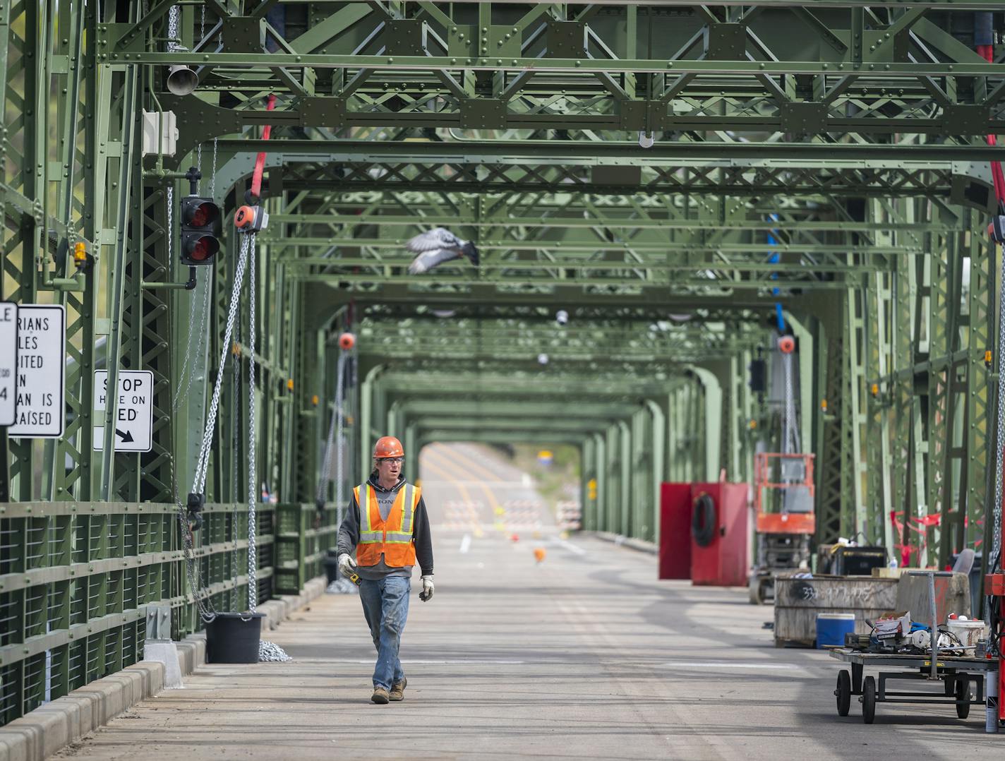 Final construction work being done on the Stillwater Lift Bridge in downtown Stillwater. ] LEILA NAVIDI &#x2022; leila.navidi@startribune.com BACKGROUND INFORMATION: Construction work on the Stillwater Lift Bridge in downtown Stillwater on Thursday, May 7, 2020. Final renovations got underway this week on the Stillwater Lift Bridge, a historic structure closed to traffic since 2017. It's scheduled to reopen at the end of this month, but not to cars. It will serve as a key link in a 4.7-mile walk