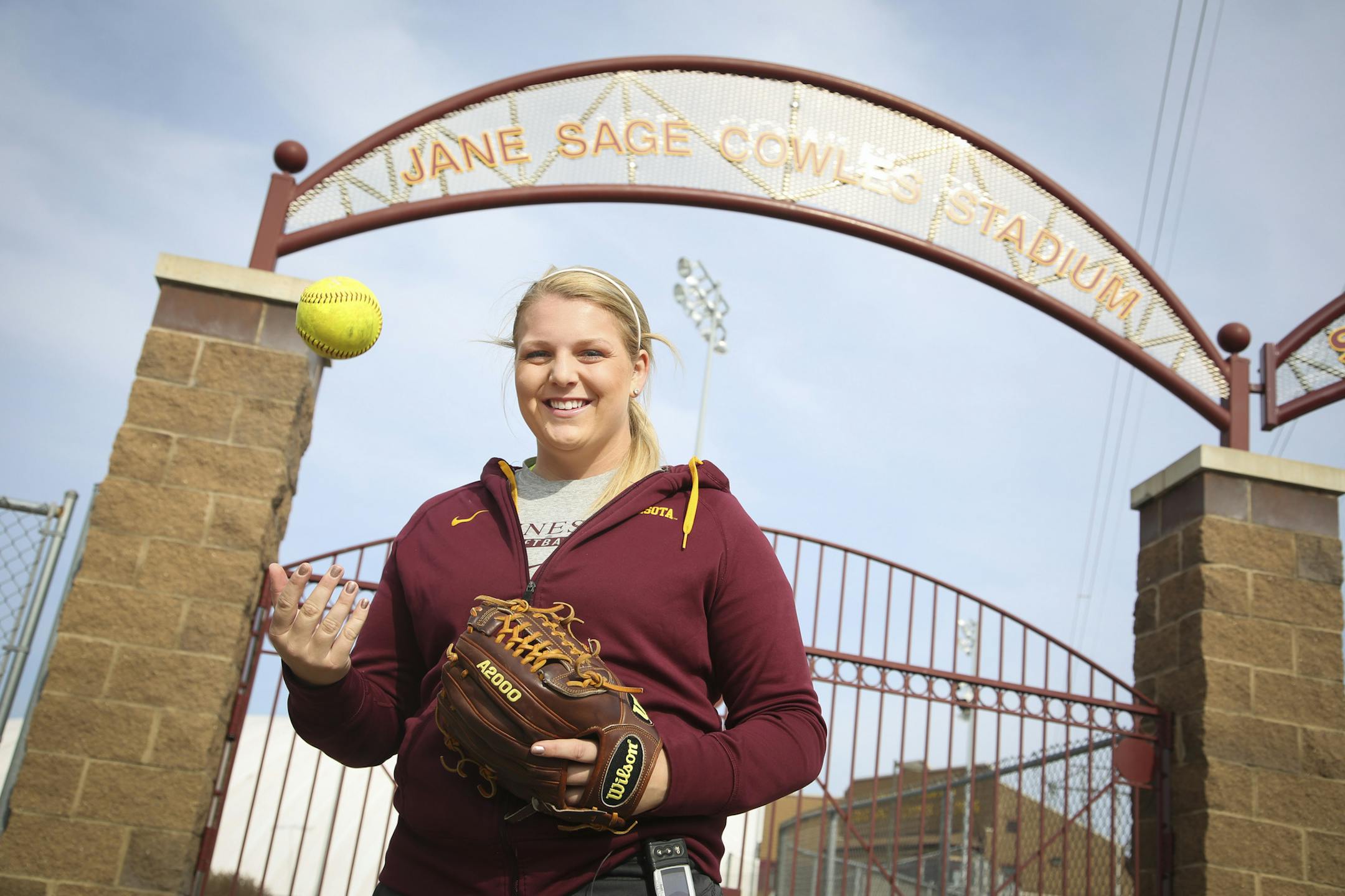 Gophers softball player Sara Groenewegen posed for a picture outside Jane Sage Cowles Stadium at the University of Minnesota in Minneapolis, Minn., on Tuesday, March 24, 2015. ] RENEE JONES SCHNEIDER &#x2022; reneejones@startribune.com