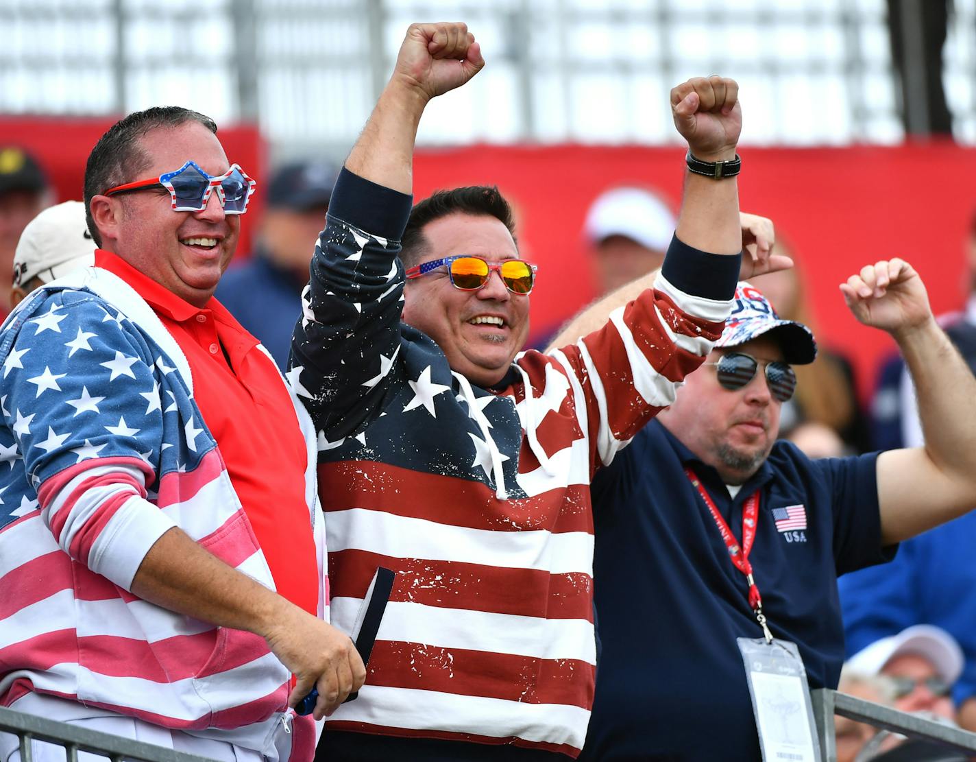 Team USA fans cheered for 23-time gold medalist Michael Phelps during the Ryder Cup Celebrity Match Tuesday afternoon. ] (AARON LAVINSKY/STAR TRIBUNE) aaron.lavinsky@startribune.com Team USA and Team Europe practiced for the Ryder Cup at Hazeltine National Golf Club on Tuesday, Sept. 27, 2016 in Chaska, Minn.