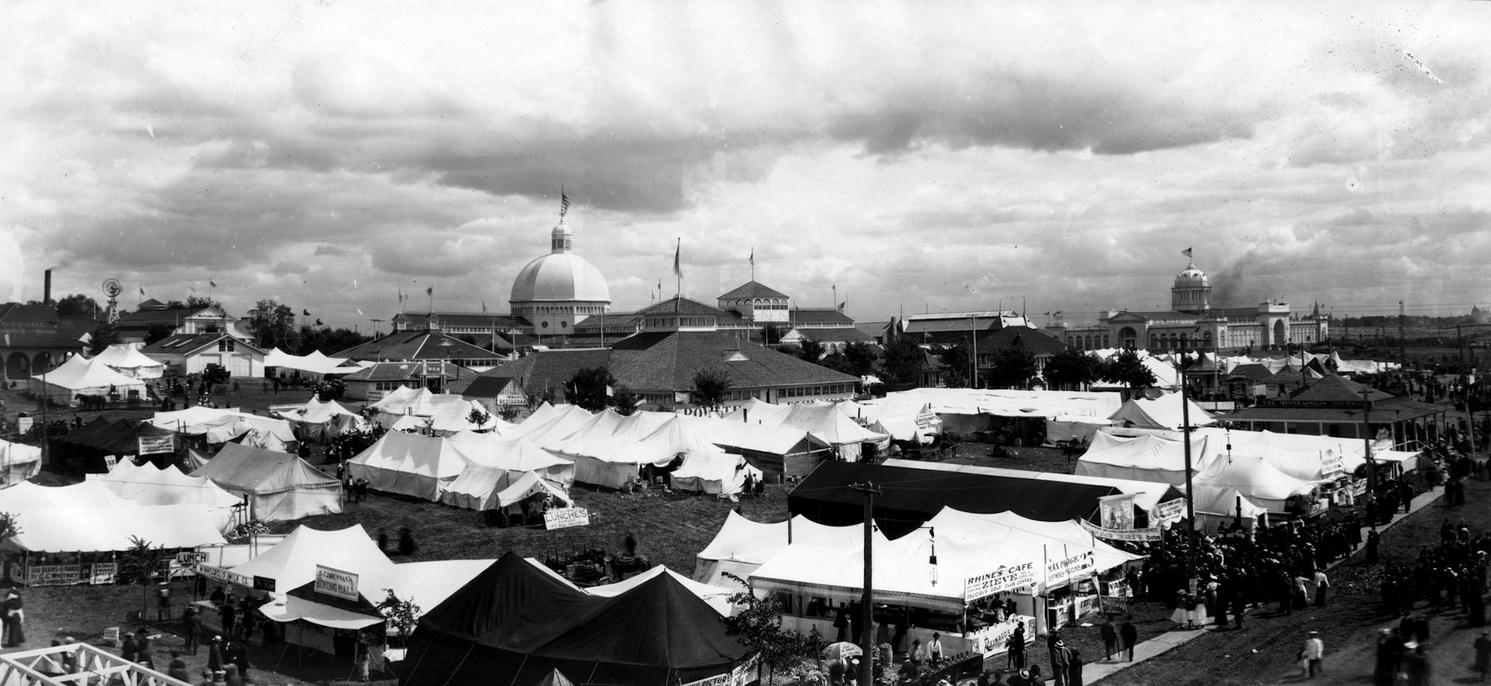 A general view showing the Main (Exposition) Building and the Horticulture Building, 1906. Photo provided by the Minnesota State Fair Archives