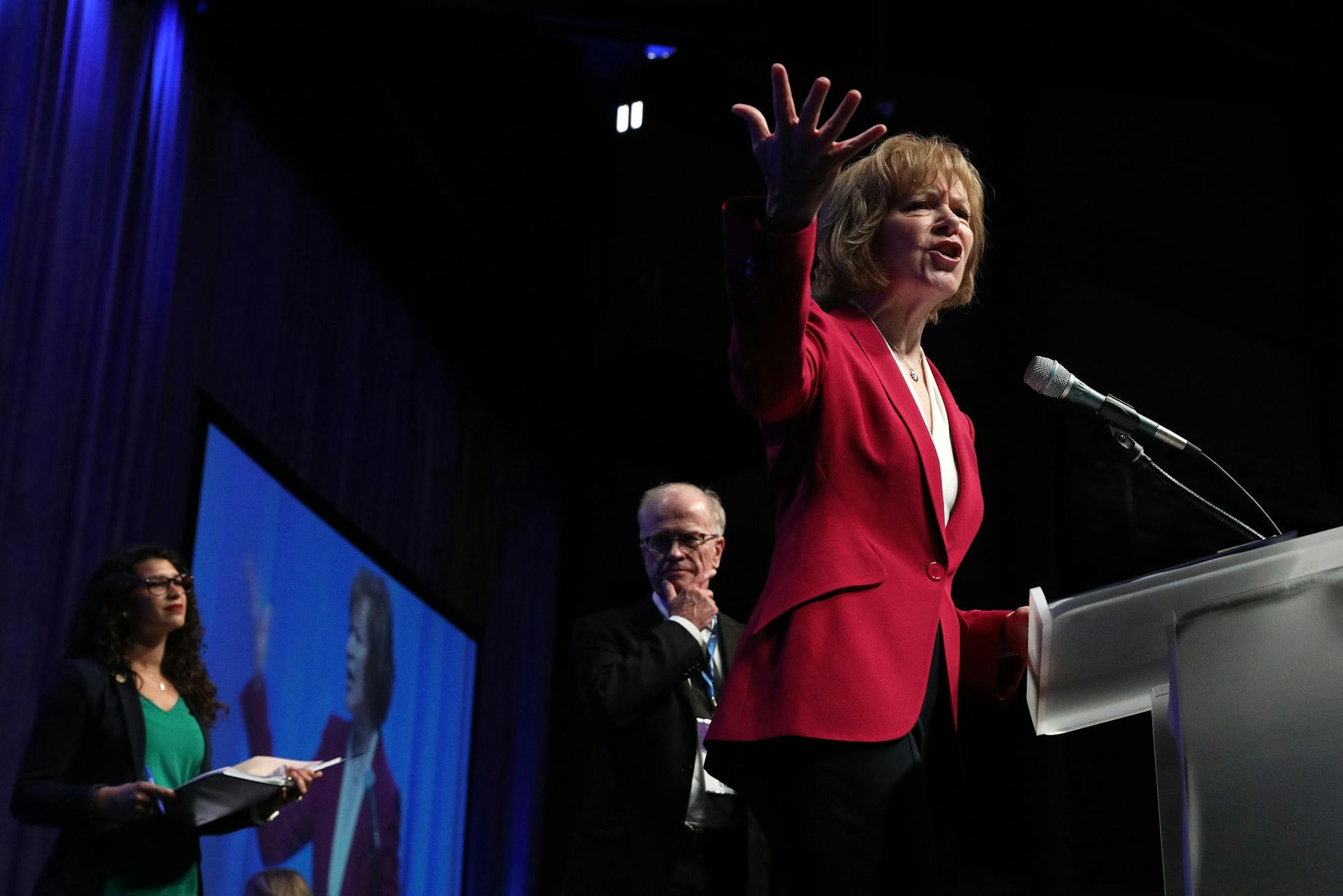 U.S. Sen. Tina Smith spoke from the stage during the DFL State Convention to choose the party's nominees in June at the Mayo Civic Center in Rochester, Minn.