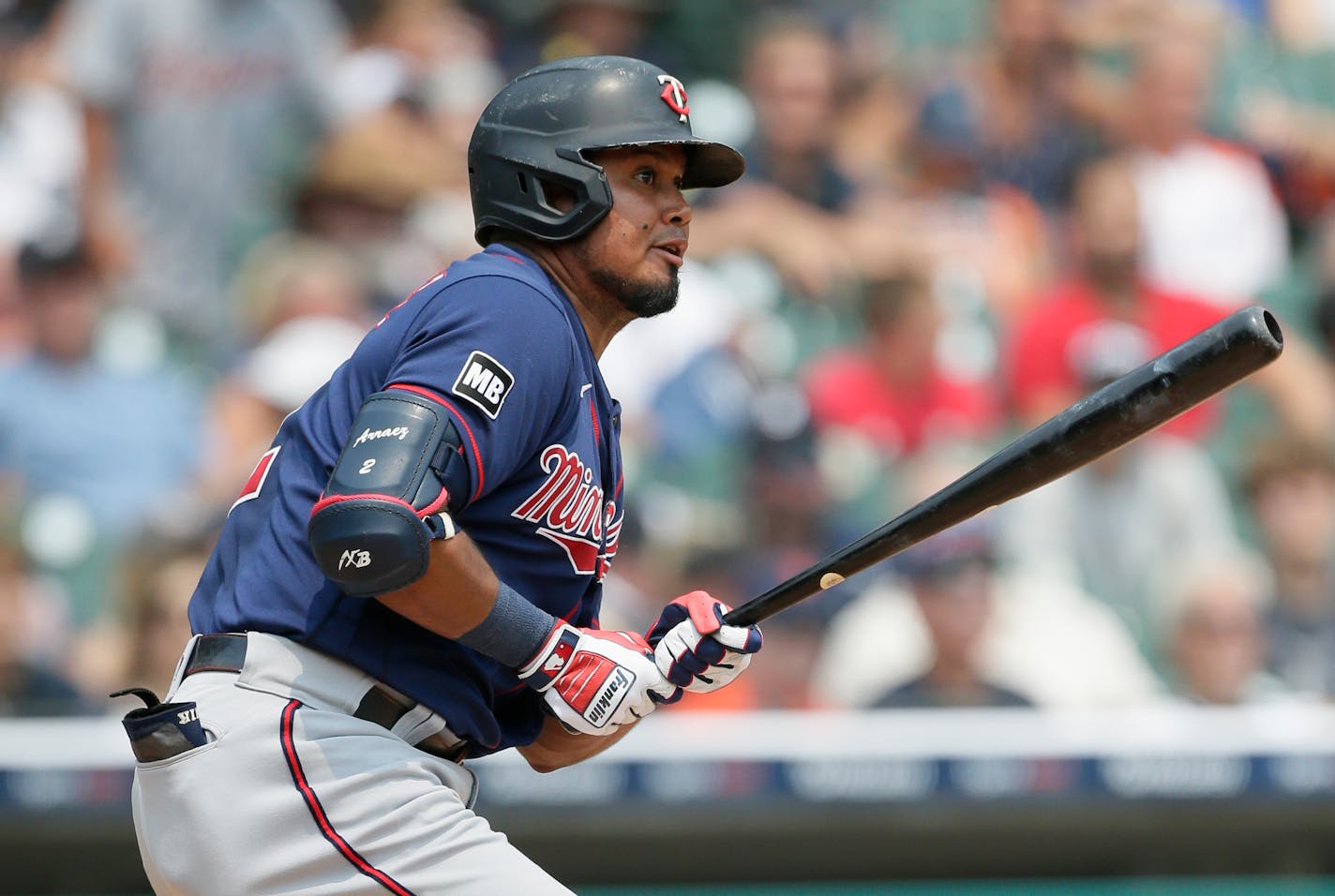 Minnesota Twins' Luis Arraez watches his fly ball for an out against the Detroit Tigers during the fifth inning of a baseball game Sunday, July 18, 2021, in Detroit. (AP Photo/Duane Burleson)