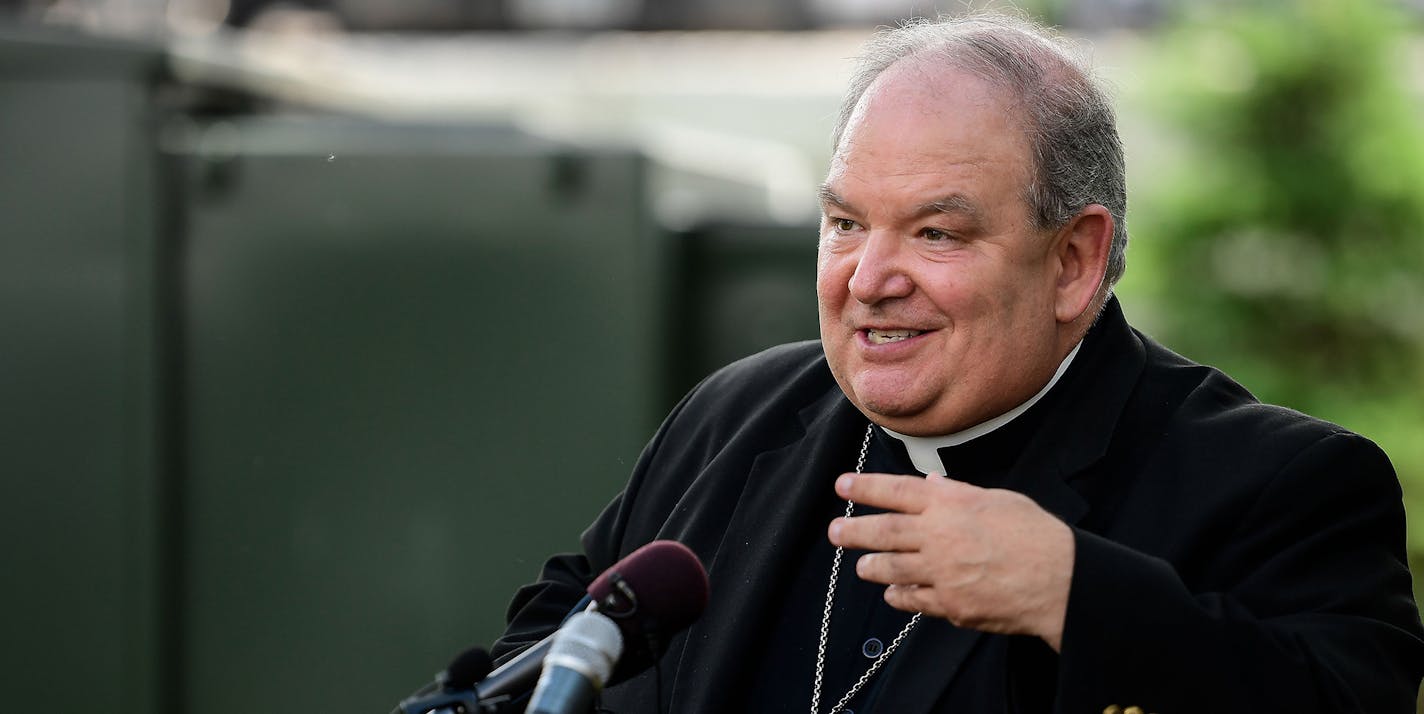 Archbishop Bernard Hebda speaks to the media during a news conference on May 31, 2018, in St. Paul, Minn. Hebda is asking priests in Minnesota to forgo voting in the presidential primary election on Super Tuesday. (Aaron Lavinsky/Minneapolis Star Tribune/TNS) ORG XMIT: 1588903