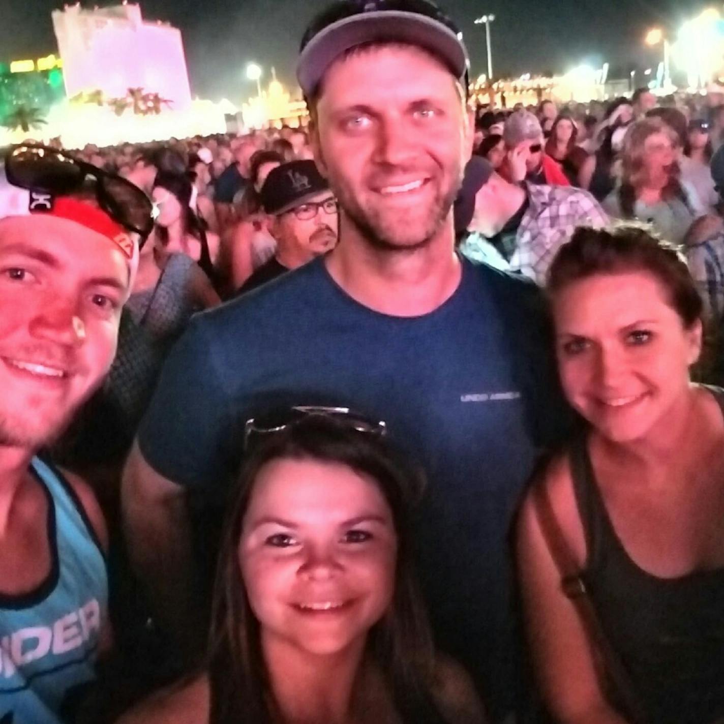 Taylor Dumbrovski, at right, with her friends at the Jason Aldean concert in Las Vegas before the shooting started. The foursome ran four miles to escape the violence.