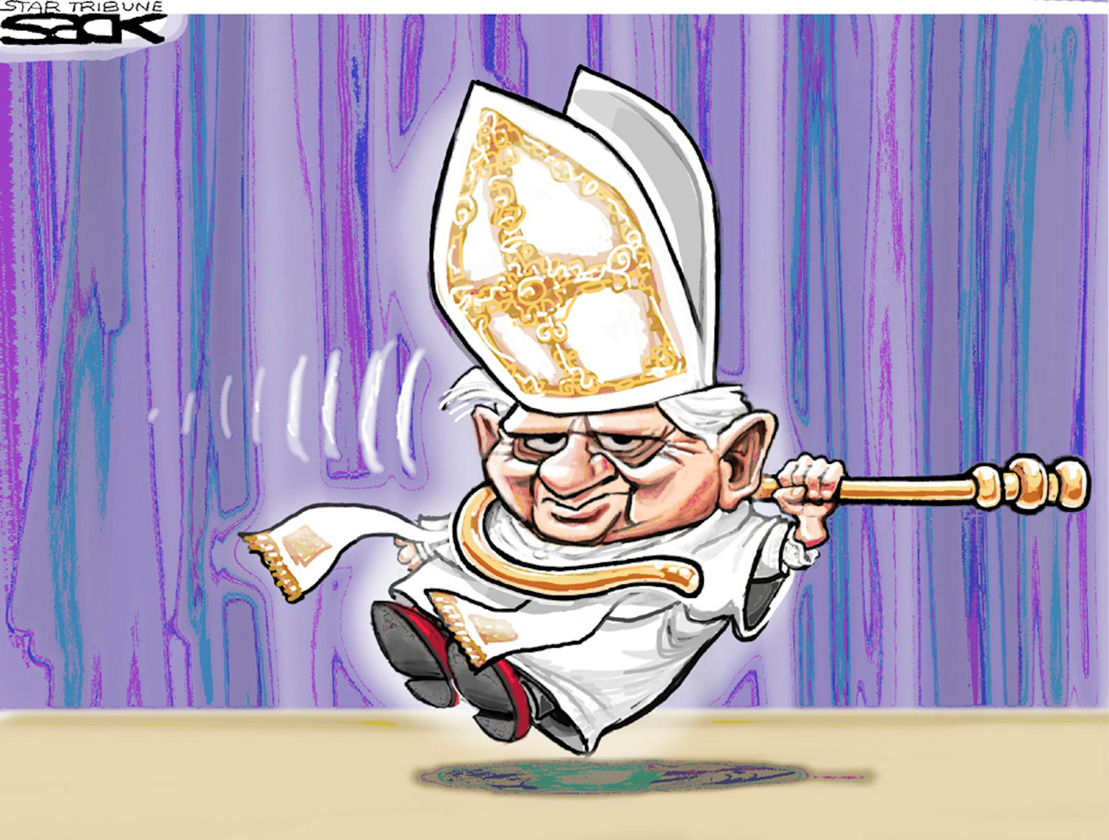 Steve Sack editorial cartoon for Feb. 21, 2013. Topic: Pope Benedict XVI resigns.