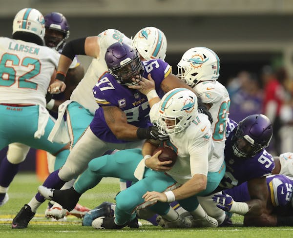 Vikings defensive end Everson Griffen sacked Dolphins quarterback Ryan Tannehill for a 10 yard loss on a fourth down play in the fourth quarter.