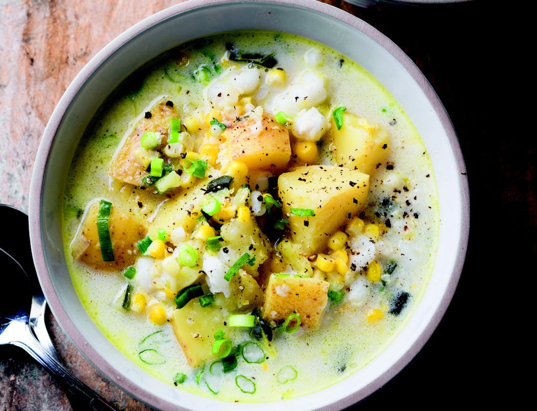 Two-Corn Chowder with Green Chiles and Scallions is even better when you add bacon.