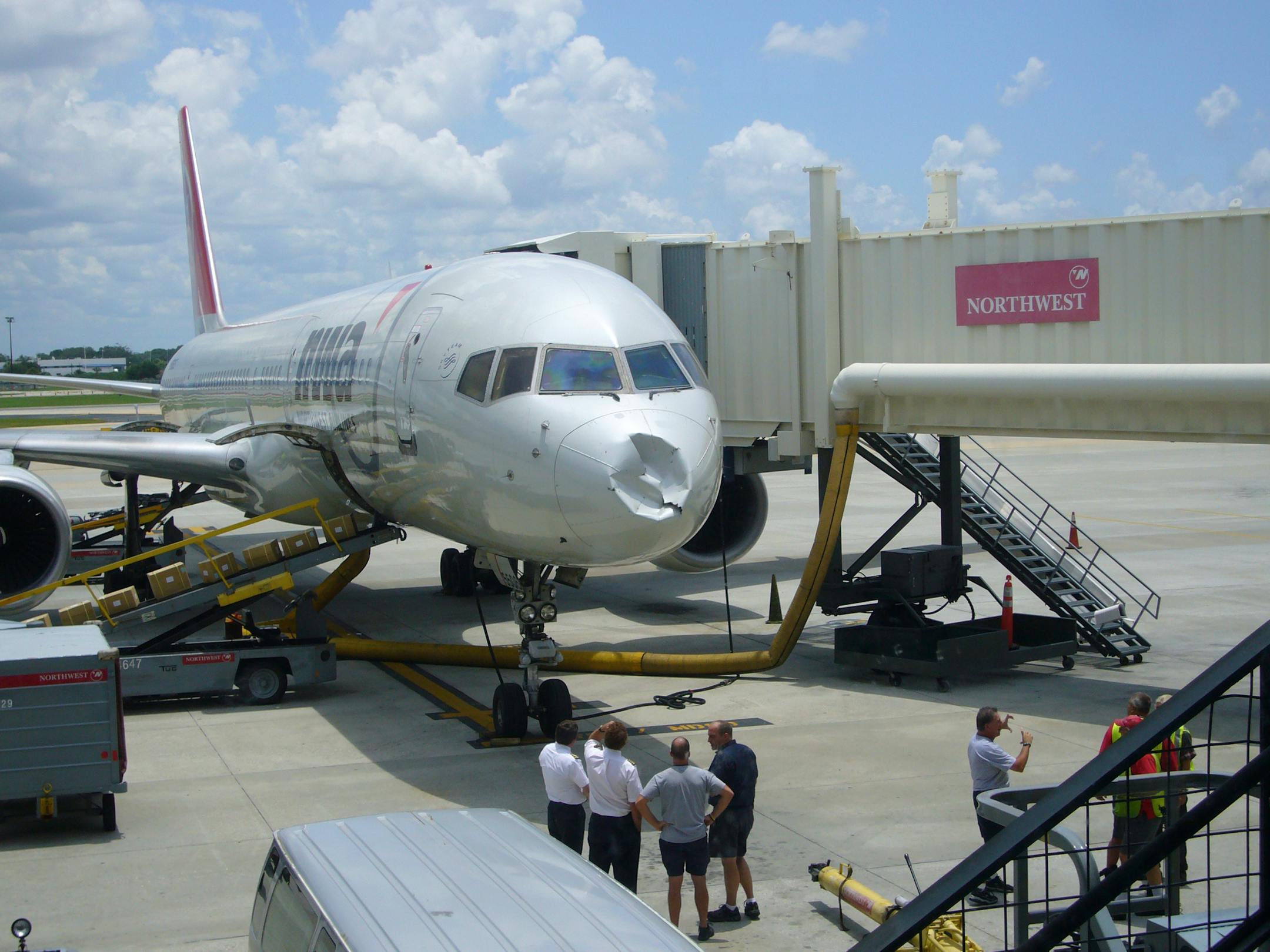 A Northwest Airlines Boeing 757 landed Sunday in Tampa, Fla., with a mysteriously damaged nose cone. The airline and federal aviation officials are trying to figure out how it happened but say there was no danger to passengers.