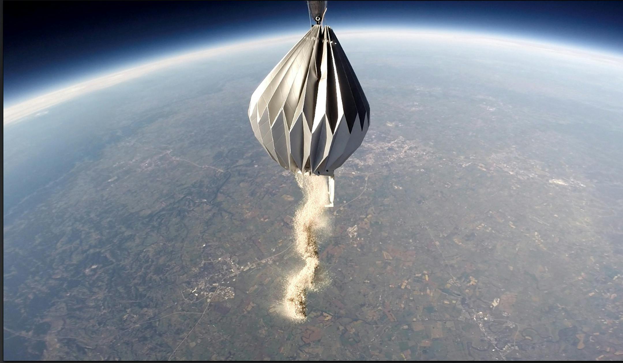 An urn covered by a paper module below a high-altitude balloon scatters a client’s ashes as high as 100,000 feet above Earth.