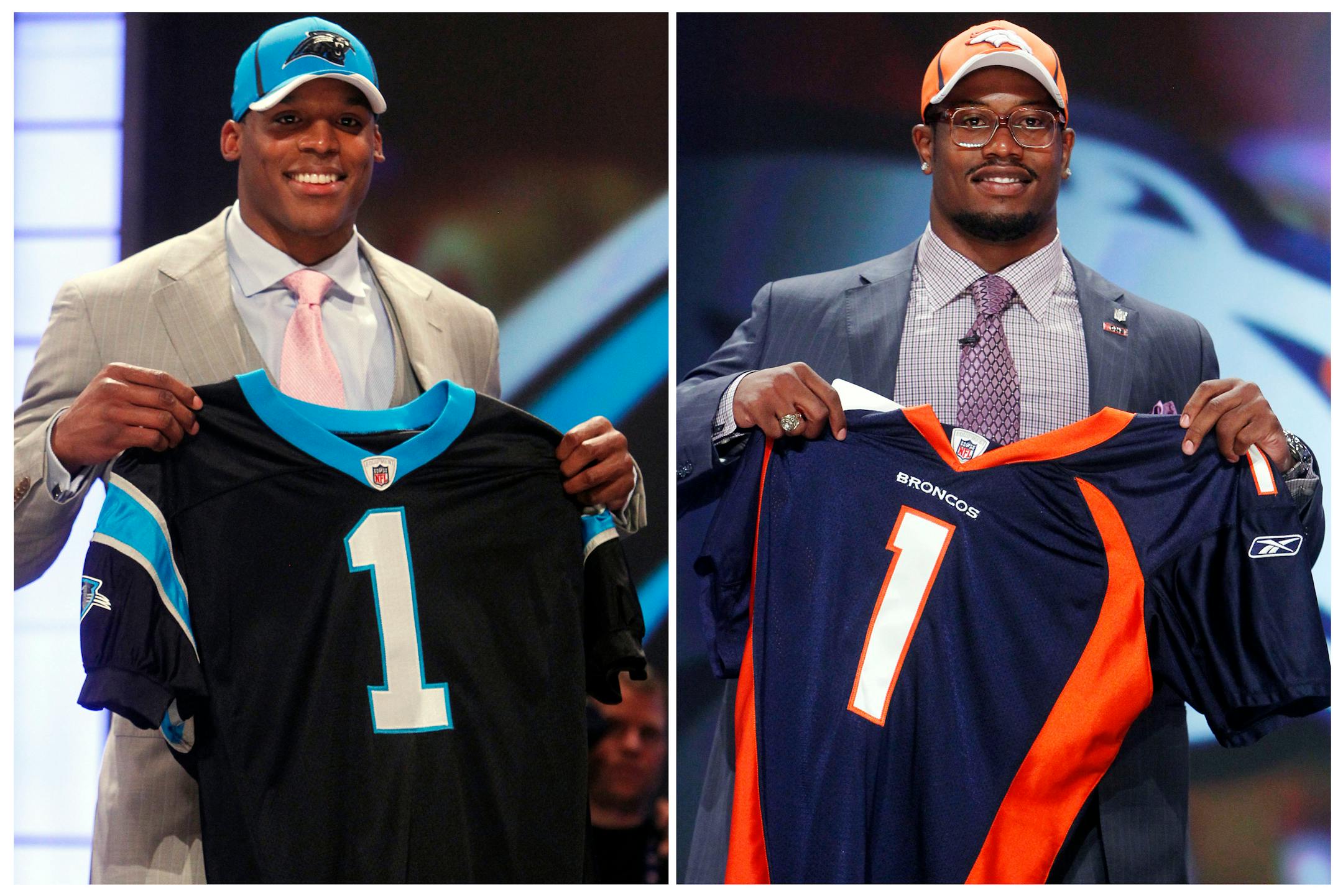Cam Newton, left, and Von Miller were the first two picks in the 2011 NFL draft. They square off in Super Bowl 50 on Sunday.