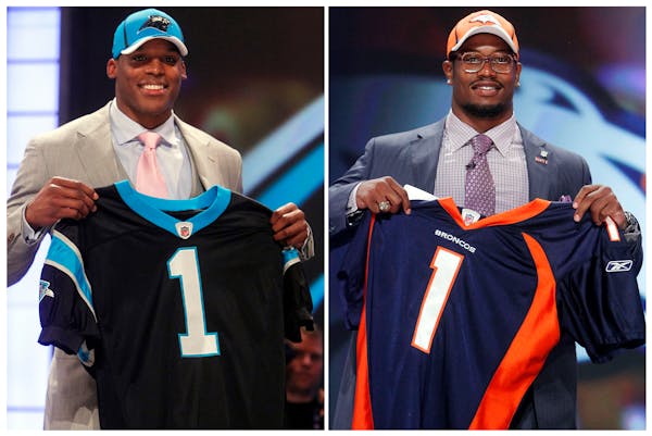 Cam Newton, left, and Von Miller were the first two picks in the 2011 NFL draft. They square off in Super Bowl 50 on Sunday.