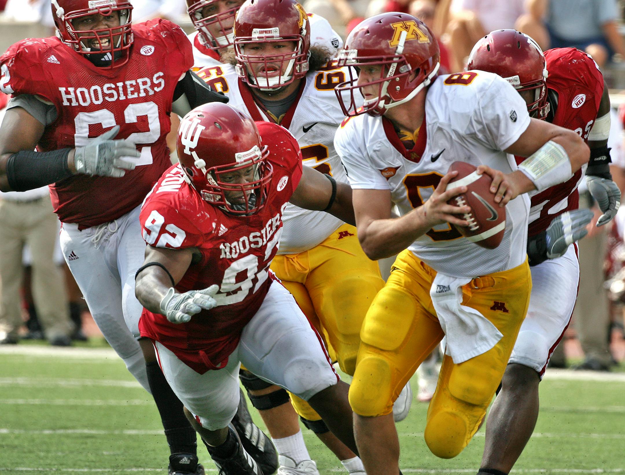 The Indiana defense kept the pressure on Gophers quarterback Adam Weber all game long - tackling him for a loss on this 2nd half play.