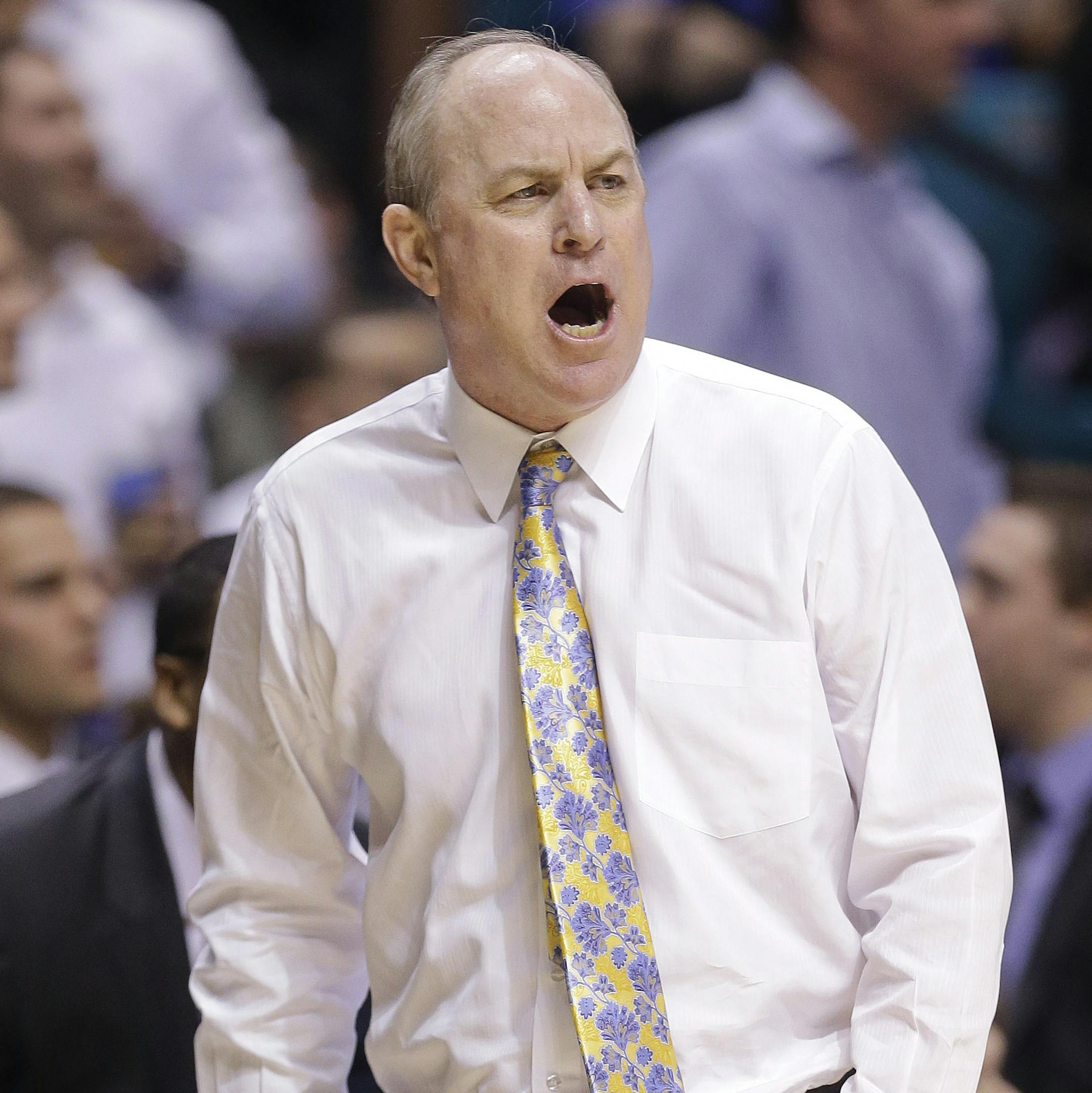 UCLA coach Ben Howland reacts to a charging call on Shabazz Muhammad in the first half of an NCAA college basketball game against Oregon in the Pac-12 Conference tournament, Saturday, March 16, 2013, in Las Vegas. (AP Photo/Julie Jacobson)