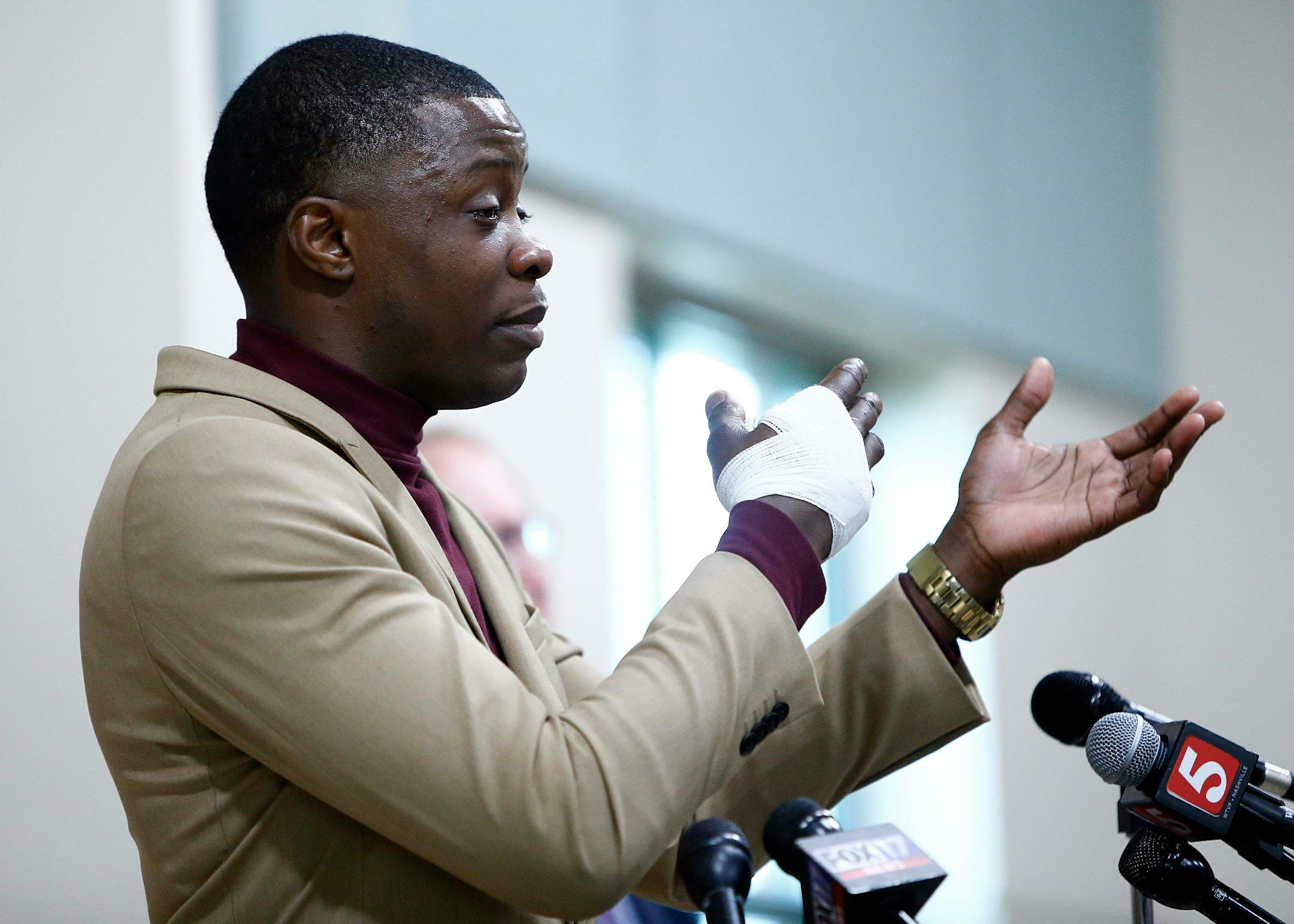 Hero James Shaw speaks during a press conference on the Waffle House shooting Sunday, April 22, 2018 in Nashville, Tenn. Shaw wrestled the gun from the suspect. (Wade Payne/The Tennessean via AP)