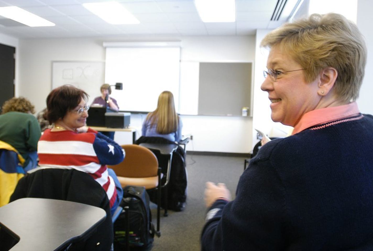 Eagan, MN, Tuesday, February 3, 2004 -- Susan Brown, 48, is training to become a radiation therapist and is pictured here in class at Argosy University in Eagan. She was laid off from an insurance company, where she was a project manager working with mainframe computers, Brown decided big iron technology jobs have become too scarce to be secure. A breast cancer survivor, she became intrigued with the technology while receiving treatments for her illness.