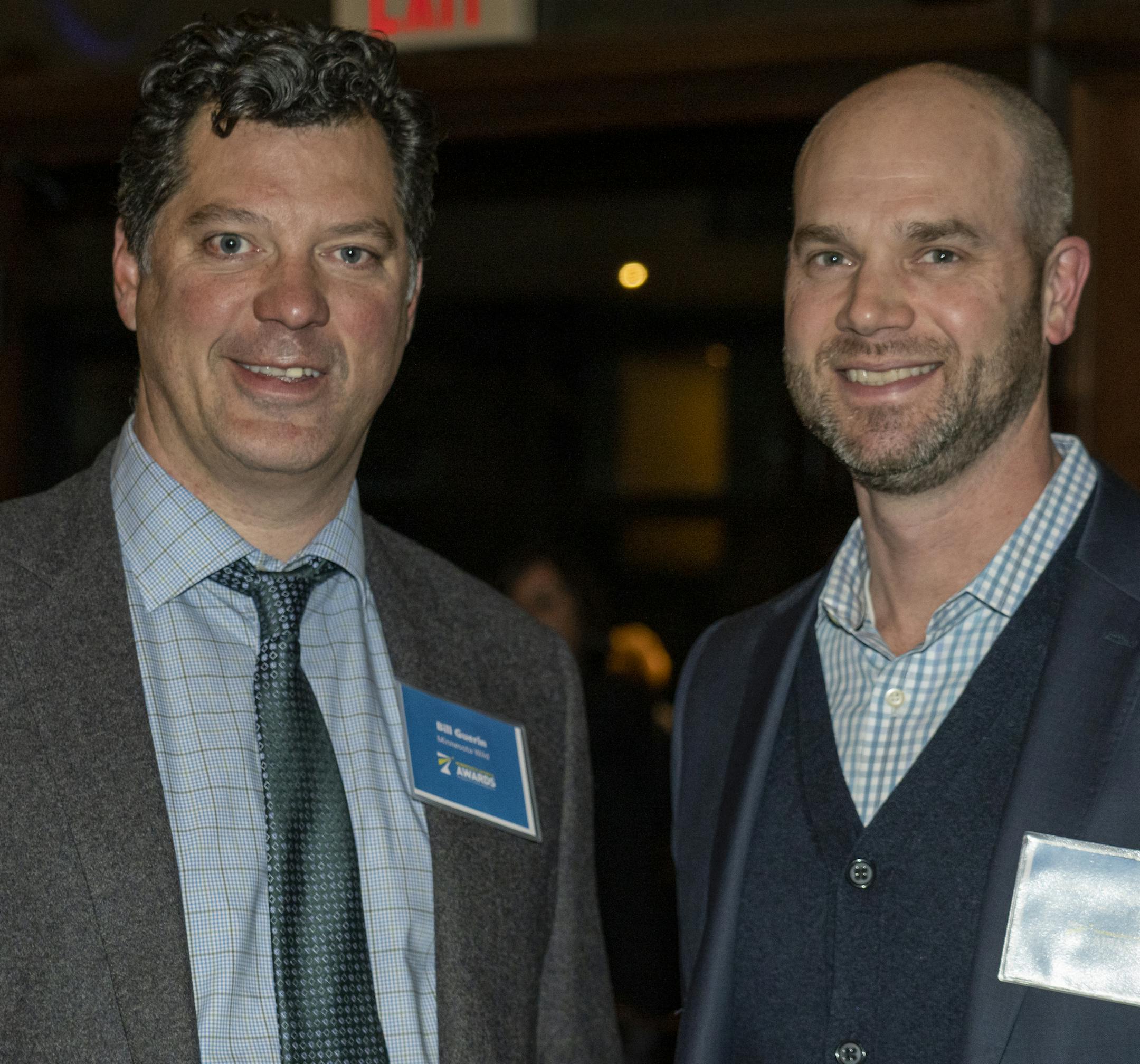 Bill Guerin and Mitch Helgerson at the 2019 2019 Minneapolis Sports Awards. [ Special to Star Tribune, photo by Matt Blewett, Matte B Photography, matt@mattebphoto.com, Sports Minneapolis, Minneapolis Sports Awards, The Depot, United Heroes League, Dec. 11, 2019, Minneapolis, Minnesota, 1010220591 FACE010520 Bill Guerin is MN Wild's GM, Mitch Helgerson http://www.startribune.com/wild-names-matt-majka-president-assistant-gm-brent-flahr-also-promoted/425730673/