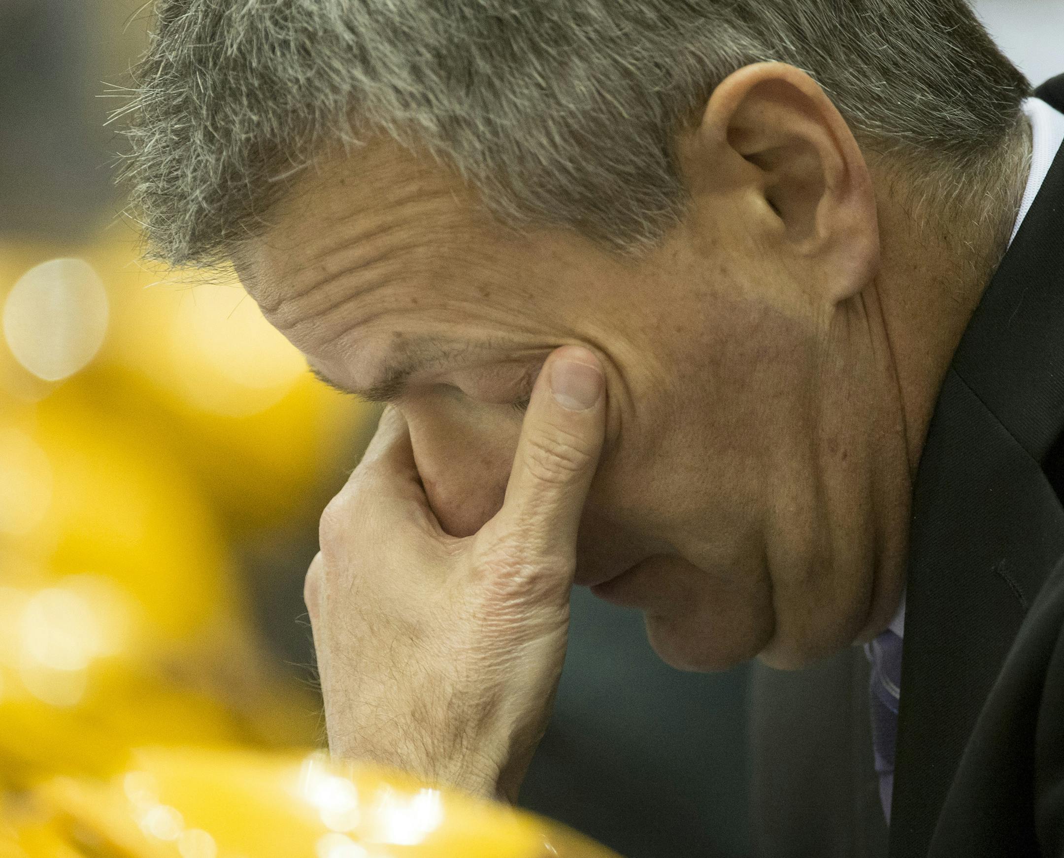 University of Minnesota head coach Don Lucia is visibly frustrated after the Gophers allowed two goals to tie up the game late in the third period against Wisconsin in January.