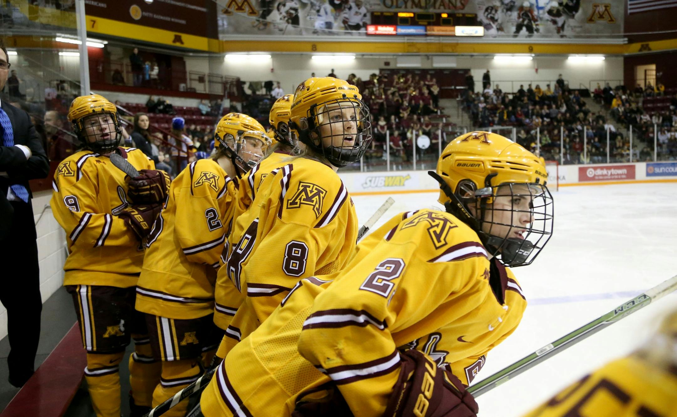 In her first game back, Amanda Kessel watches action from the bench with her University of Minnesota teammate during action with North Dakota Friday, Feb. 5, 2016, at Ridder Arena on the campus of the University of Minnesota in Minneapolis, MN.