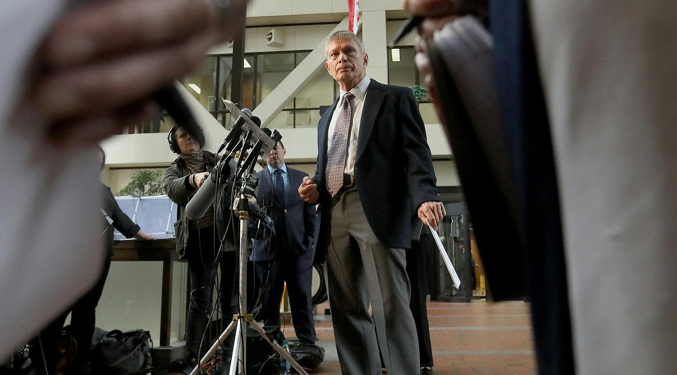 Former FBI special agent Steve Gilkerson, at podium, took questions from media members during a press conference at the Government Center to address Stearns County Sheriff Don Gudmundson's criticism of the FBI's handling of the Jacob Wetterling investigation and seen Tuesday, Oct. 2, 2018, in Minneapolis, MN. Gilkerson interviewed Danny Heinrich in February 1990, less than four months after Wetterling was kidnapped.] DAVID JOLES ï david.joles@startribune.com A former FBI special agent who w