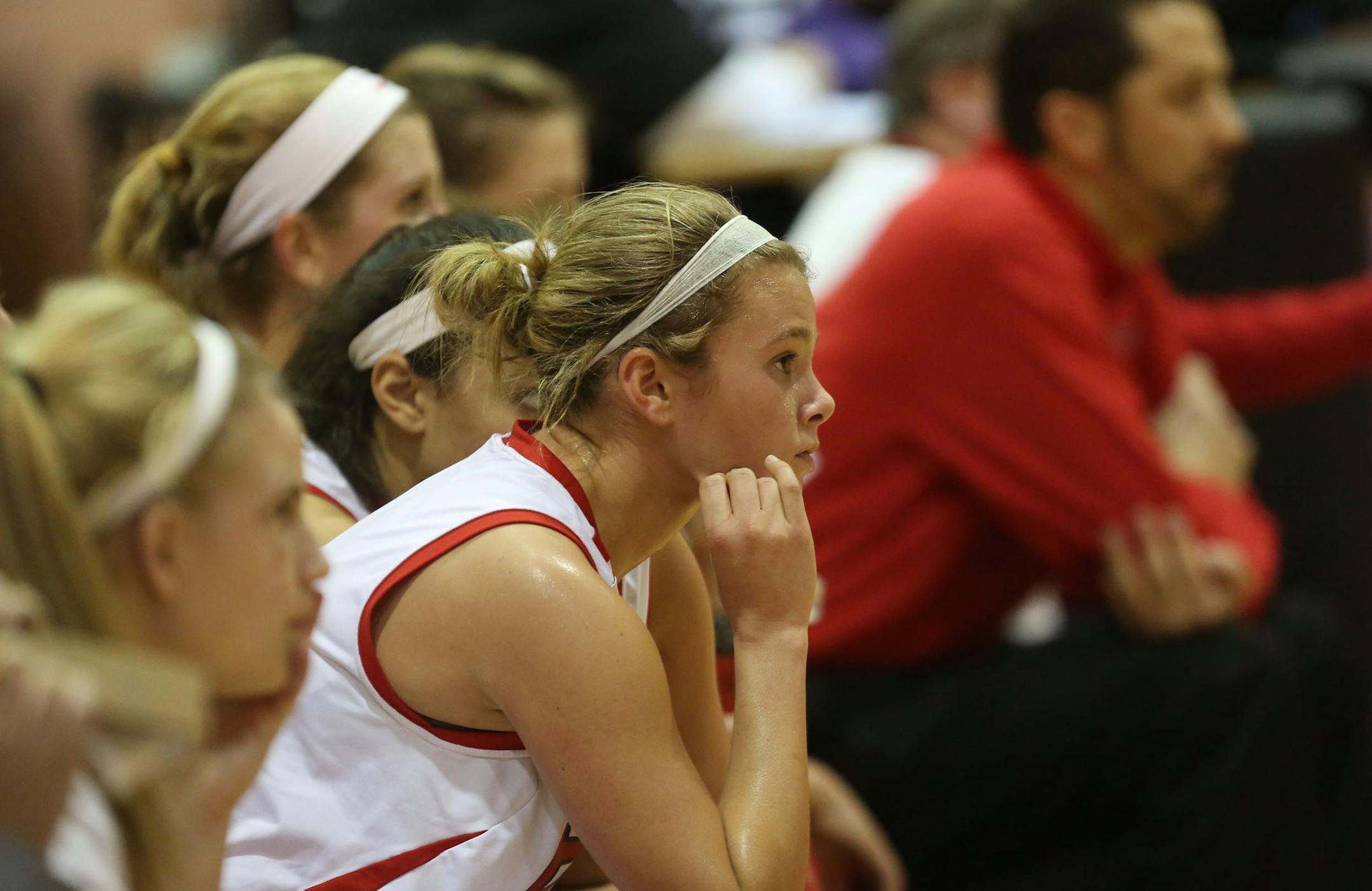Grace Coughlin, of Benilde-St. Margaret, took a break on the bench during their game against Southwest in Minneapolis Friday, December 6, 2013. ] (KYNDELL HARKNESS/STAR TRIBUNE) kyndell.harkness@startribune.com