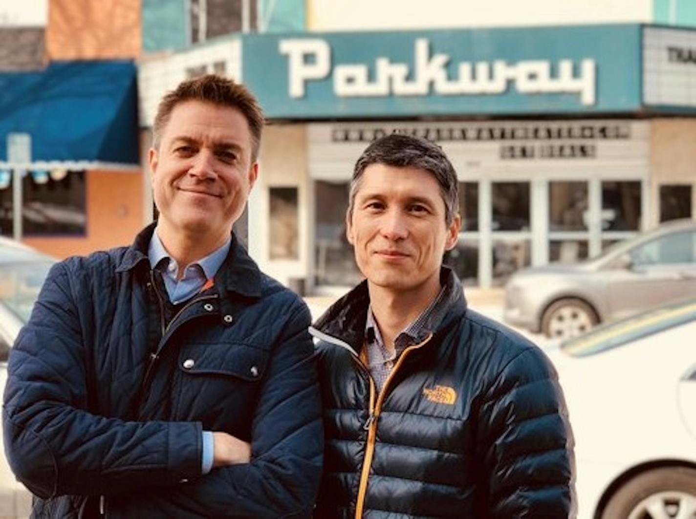 Eddie Landenberger, right, and Ward Johnson, left, are throwing a party nearly every night at the Parkway Theater where classic movies, live music and podcasts and other new offerings are driving growth at the 88-year-old south Minneapolis venue.