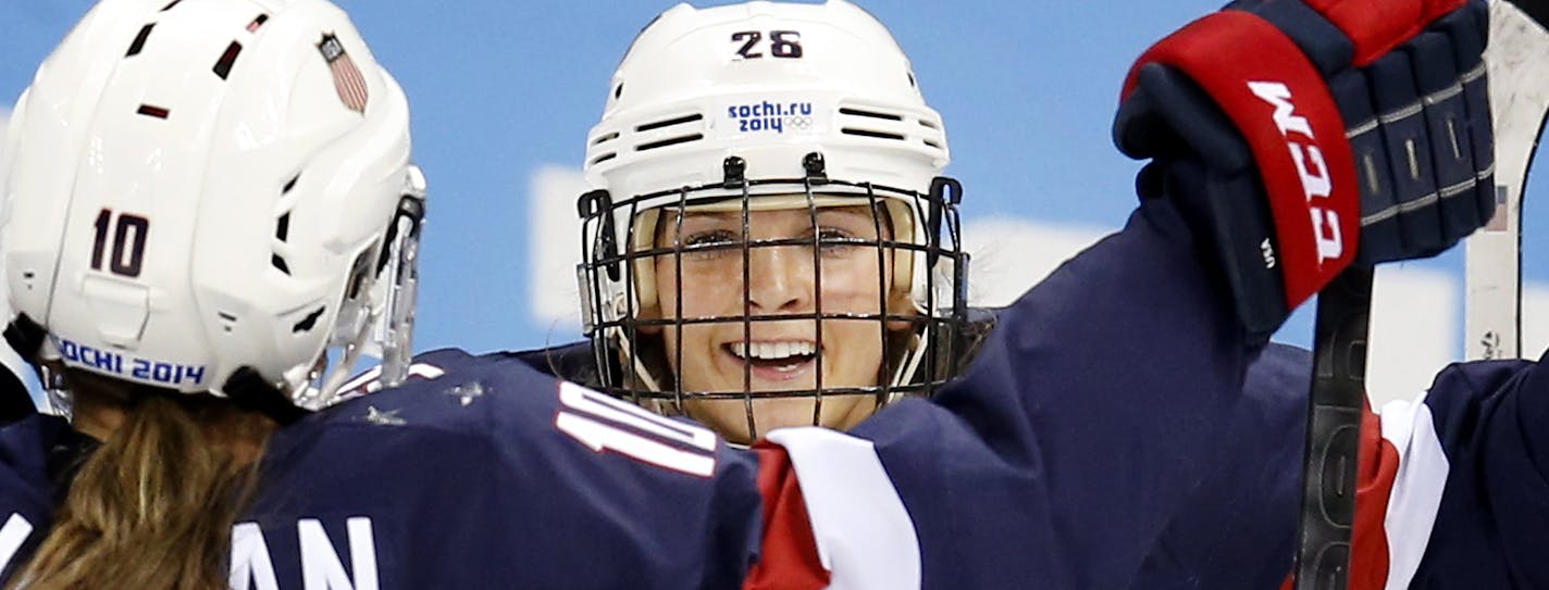 Amanda Kessel celebrated with Meghan Duggan (10) after scoring a goal in the first period. USA beat Sweden by a final score of 6-1. ] CARLOS GONZALEZ cgonzalez@startribune.com - February 17, 2013, Sochi, Russia, Sochi 2014 Winter Olympics, Shayba Arena, Women's Hockey Semifinal, USA vs. Sweden