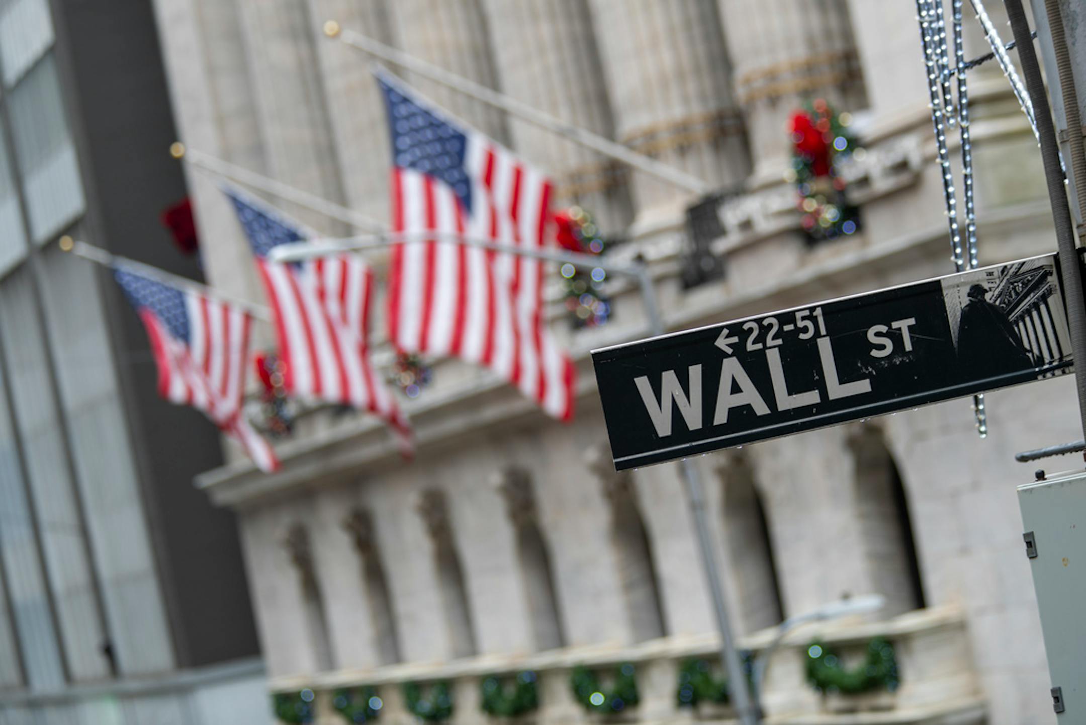 The Wall St. street sign framed by American flags flying outside the New York Stock Exchange in New York.