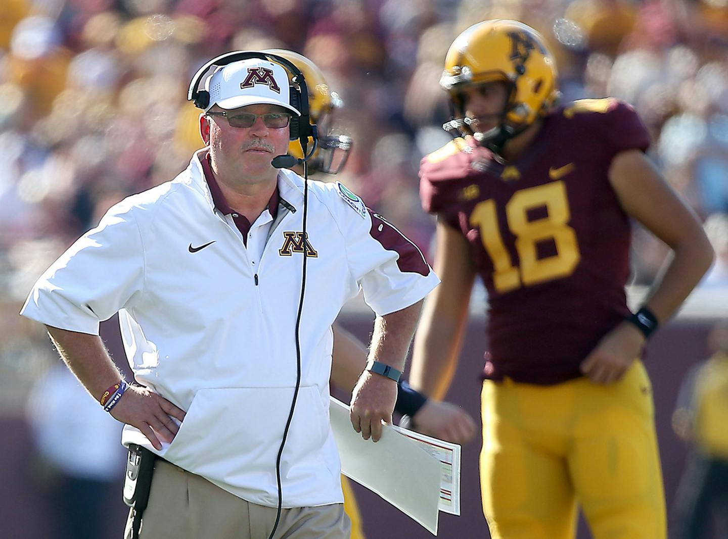 Minnesota head coach Jerry Kill in the second quarter against Ohio at TCF Bank Stadium in Minneapolis on Saturday, Sept. 26, 2015. Minnesota won, 27-24. (Elizabeth Flores/Minneapolis Star Tribune/TNS) ORG XMIT: 1174369 ORG XMIT: MIN1509262126471236 ORG XMIT: MIN1510281008544973