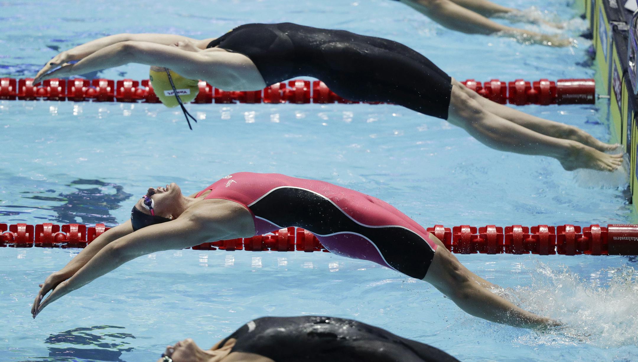 United States' Kathleen Baker starts in her women's 100m backstroke semifinal at the World Swimming Championships in Gwangju, South Korea, Monday, July 22, 2019. (AP Photo/Mark Schiefelbein)