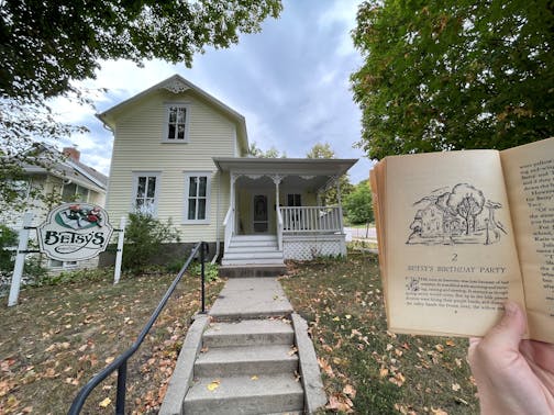 The childhood home of Maud Hart Lovelace, the author of the Betsy-Tacy book series, in Mankato, Minn., pictured with chapter 2 of the first book.