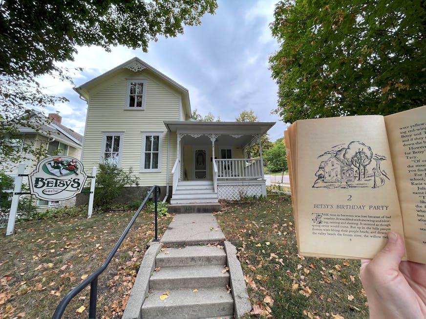 The childhood home of Maud Hart Lovelace, the author of the Betsy-Tacy book series, in Mankato, Minn., pictured with chapter 2 of the first book.