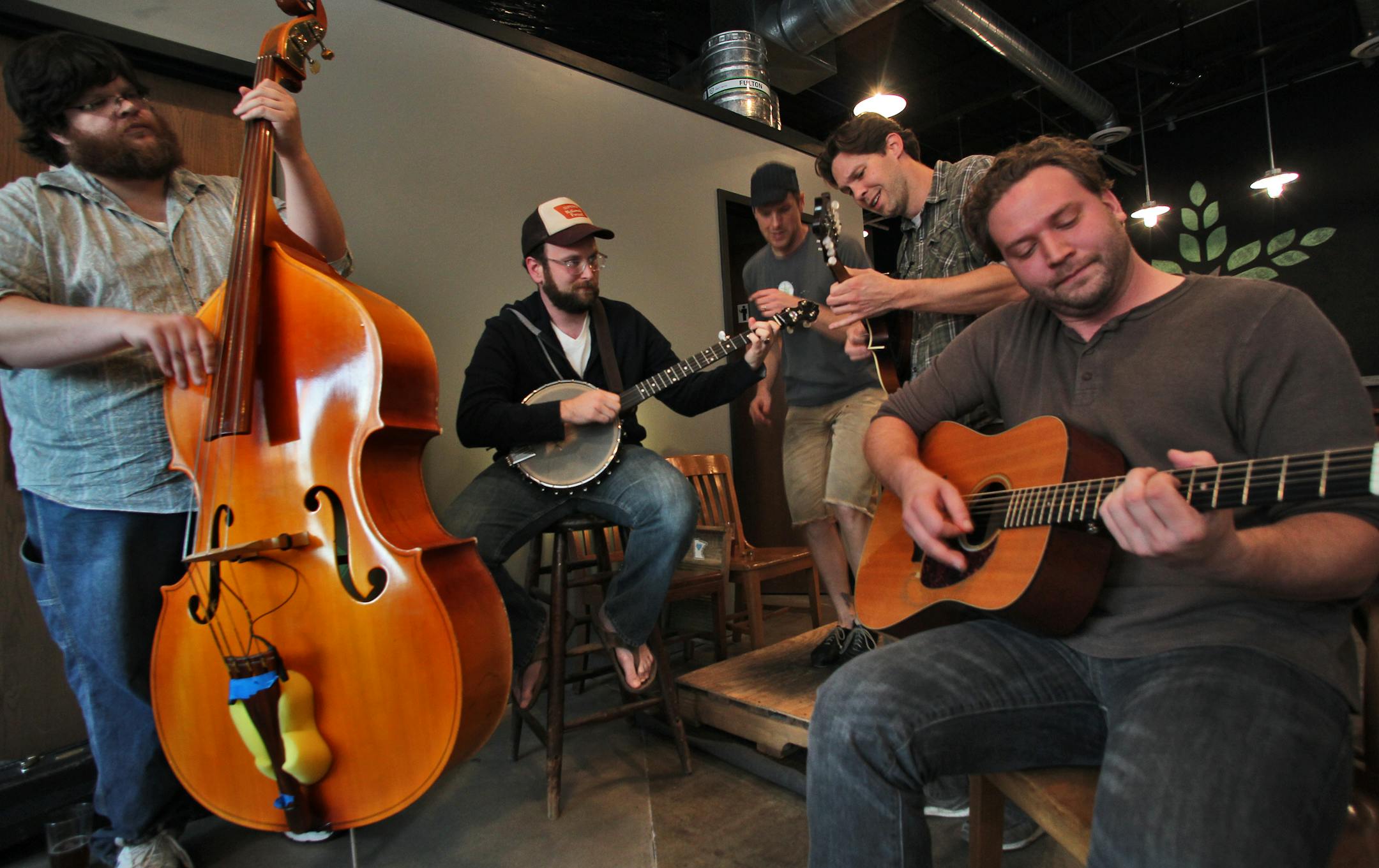 Bluegrass quintet Pert Near Sandstone "practiced" at Fulton Brewery in Minneapolis in 2012. From left: Adam Kiesling, Kevin Kniebel, Andy Lambert, Nate Sipe and J Lenz.
