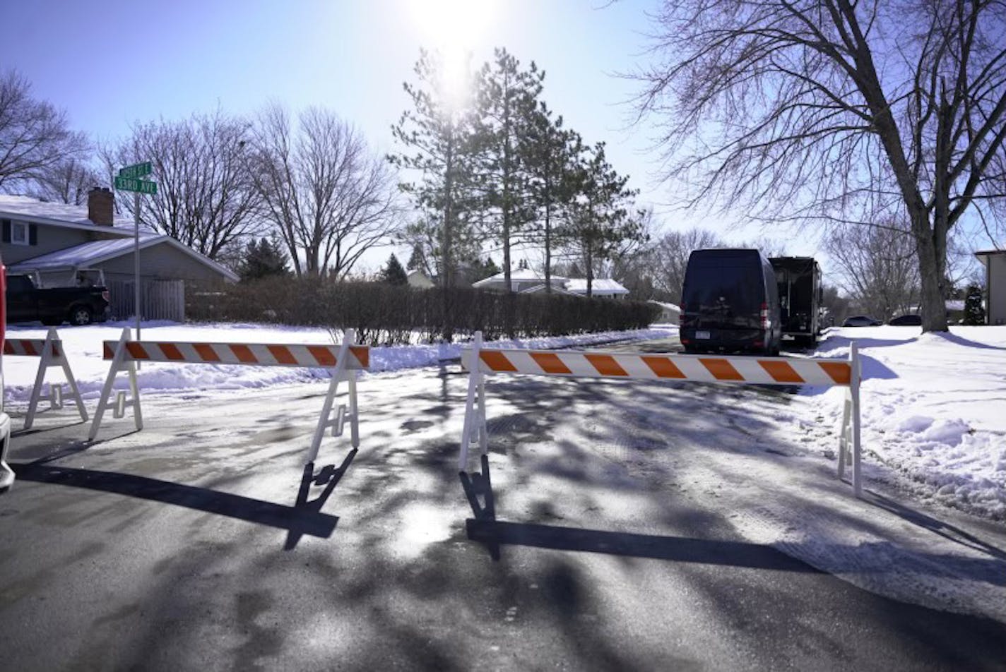 A view of 33d Avenue in Burnsville, Minn., on Sunday, Feb. 18, 2024. Two Burnsville police officers and one first responder have been shot and killed, according to law enforcement sources Sunday morning. ] Angelina Katsanis • angelina.katsanis@startribune.com