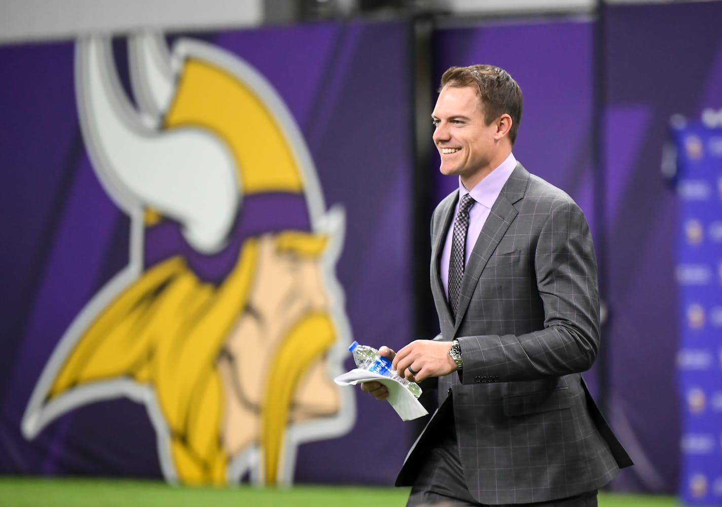 Vikings head coach Kevin O'Connell arrives at his introductory news conference Thursday