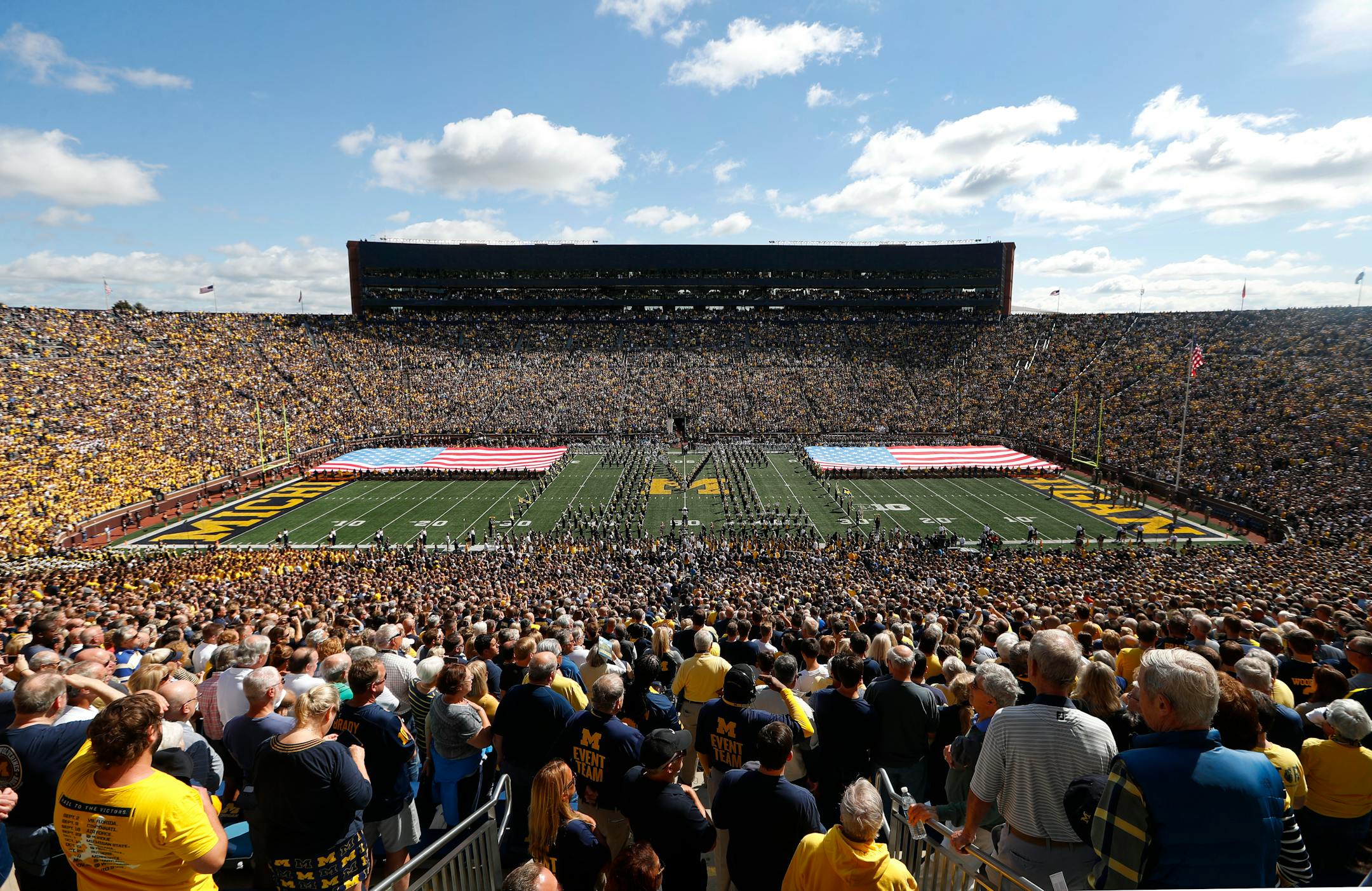 The national anthem is played at Michigan Stadium before a NCAA college football game between Michigan and Army in Ann Arbor, Mich., Saturday, Sept. 7, 2019. (AP Photo/Paul Sancya)