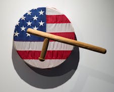 "My Ears are Numb"
2012. Drum, US Flag, Red cedar carved nightstick
Courtesy of Nicholas Galanin