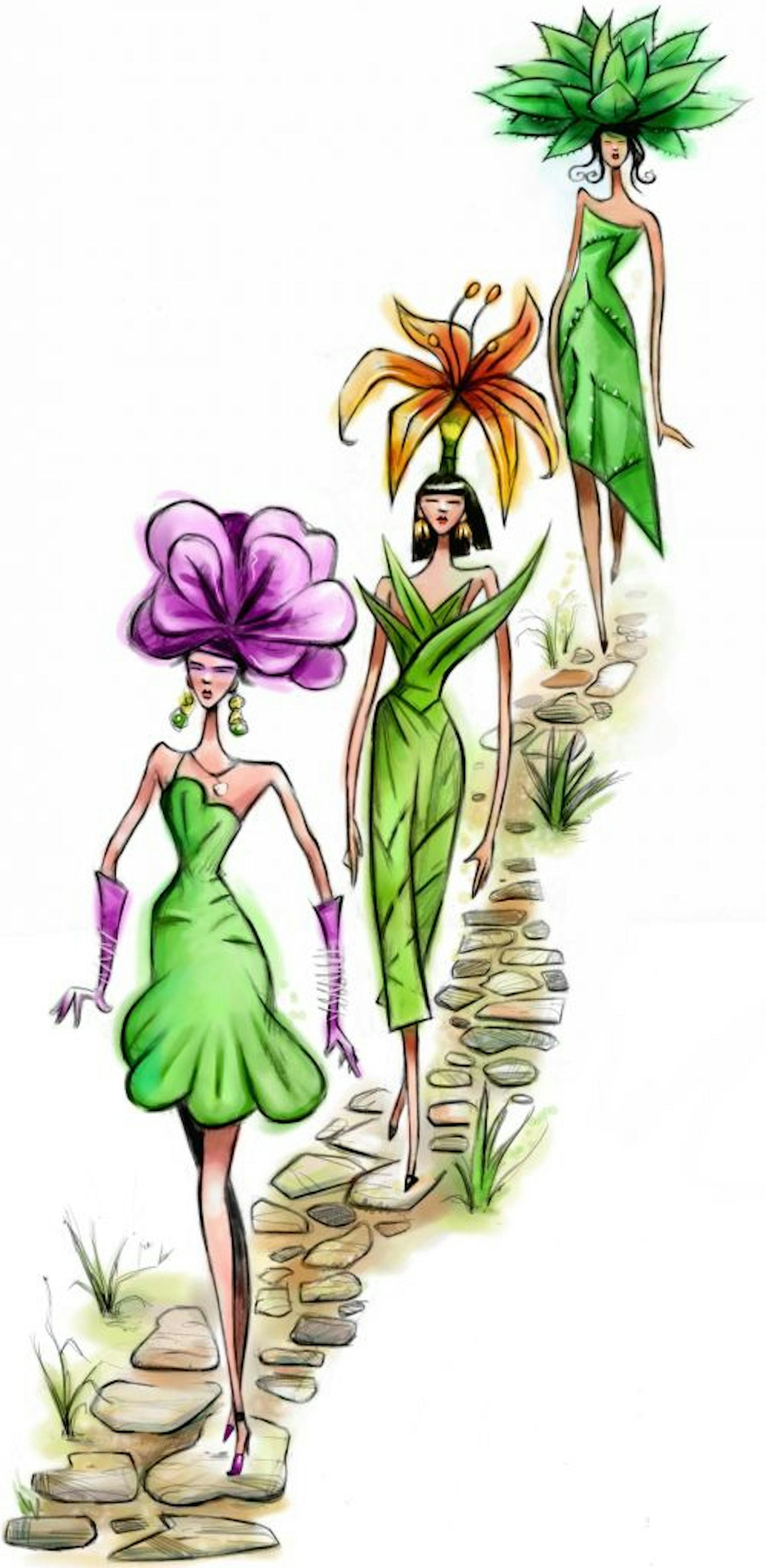 300 dpi Tim Lee color illustration of fashion models dressed in flowers and leaves walking the garden-path "runway." The News & Observer (Raleigh, N.C.) 2008<p> KEYWORDS: garden runway illustration fashion show model modeling flowers flower plant plants dress dresses style paris haute couture green eco friendly organic clothing 10000000, krtfeatures features, krtlifestyle lifestyle, krtnational national, krtworld world, leisure, LIF, krt, mctillustration, 10004003, 10016000, beauty, FEA, krtgard