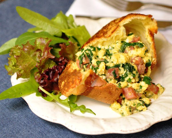 Green eggs and ham stuffed popovers.