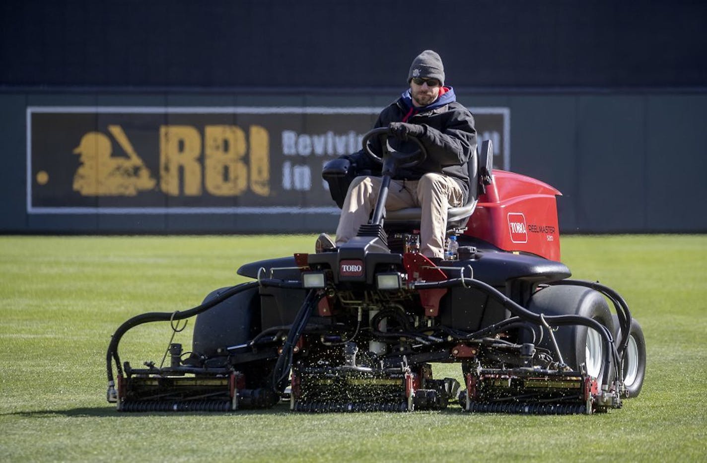 Tyler Carter, with the Minnesota Twins grounds crew, mowed the lawn at Target Field, Friday, March 6, 2020 in Minneapolis, MN.