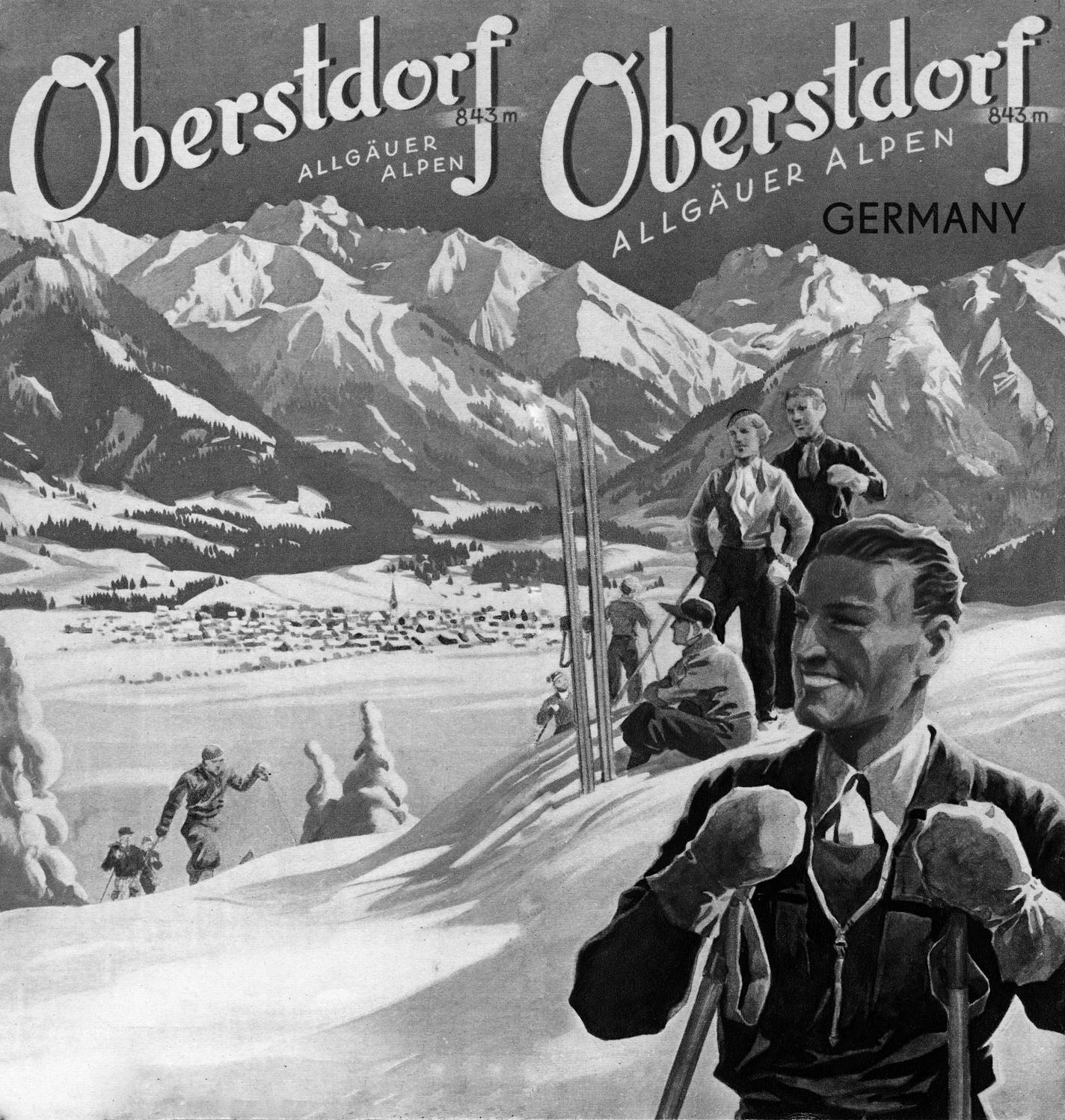 A travel brochure for the skiing and hiking town of Oberstdorf, located in the Bavarian Alps, features an illustration of people at the top of a snowy mountain, 1938. (Jim Heimann Collection/Getty Images)