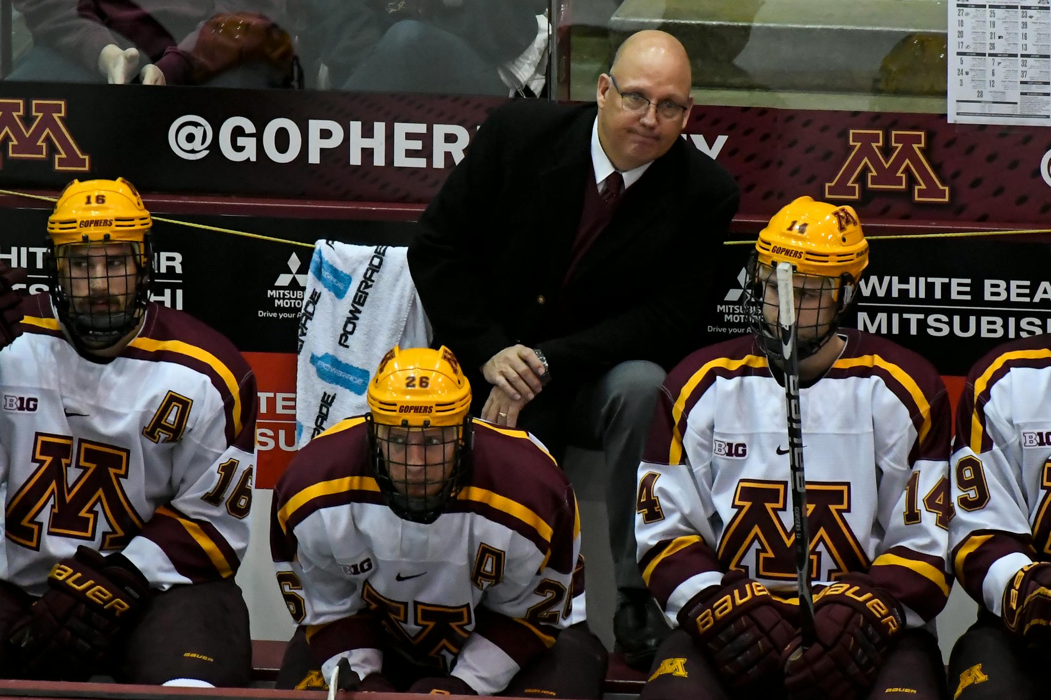 Gophers head coach Bob Motzko watched his team during the third period against Minnesota Duluth in October. The Gophers lost Friday night at home to St. Lawrence.